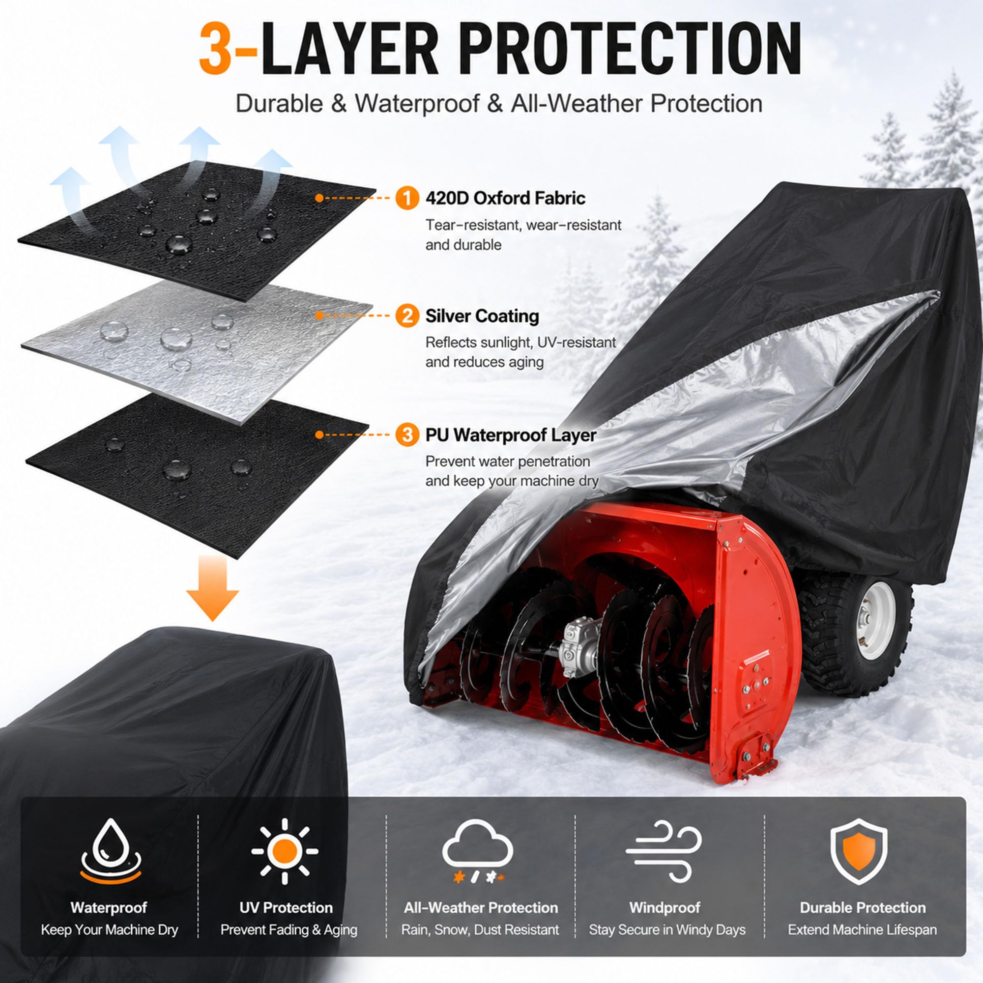 Funda Quitanieves para Honda HSS1380 420D Impermeable Cubierta Protectora con Revestimiento Plateado Resistente a Rayos UV Climáticas