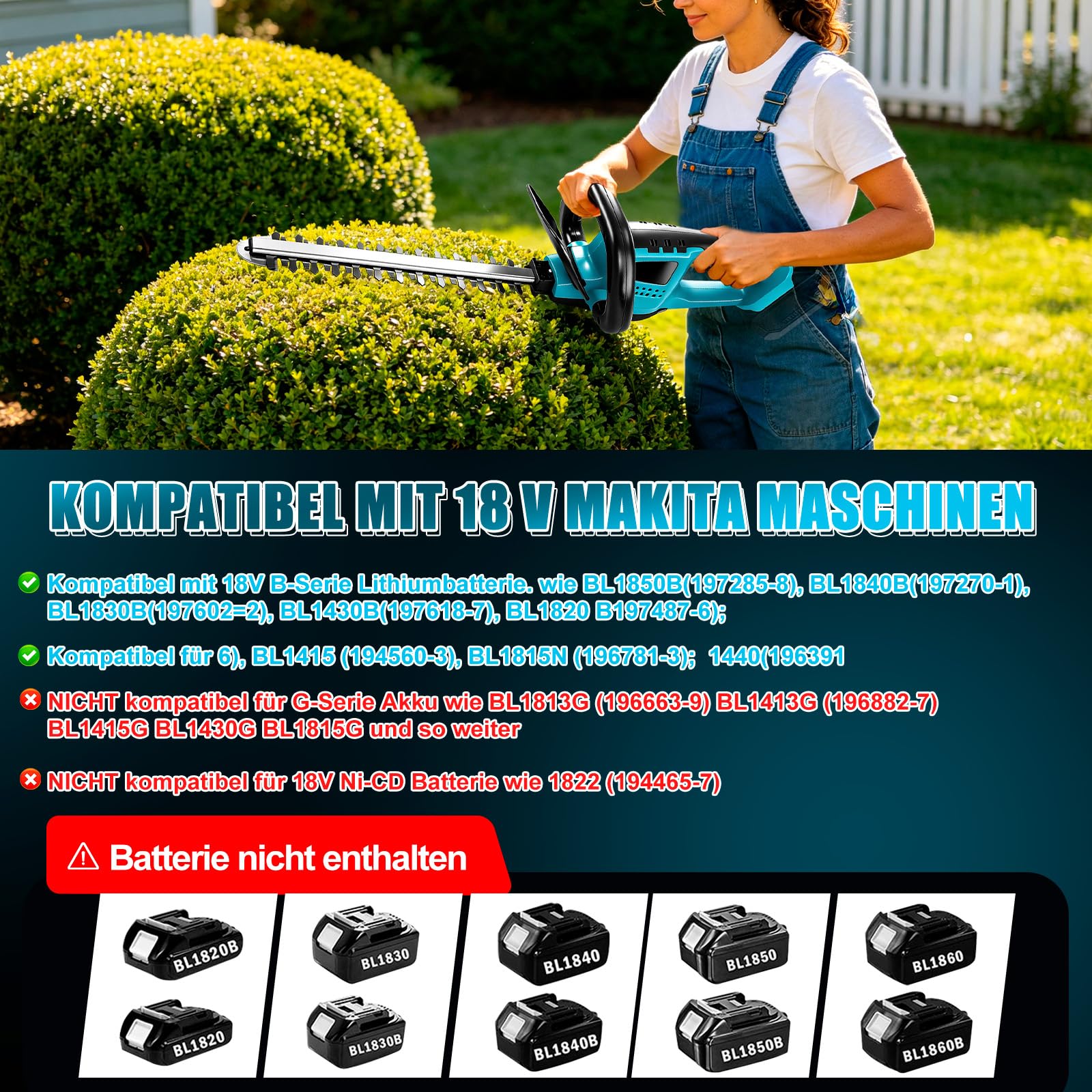 Akumulatorowe nożyce do żywopłotu kompatybilne z Makita 18 V, 550 W, bezszczotkowe elektryczne nożyce do żywopłotu, długość cięcia 52 cm, odstęp między zębami 16 mm, podwójne ostrza tnące (bez