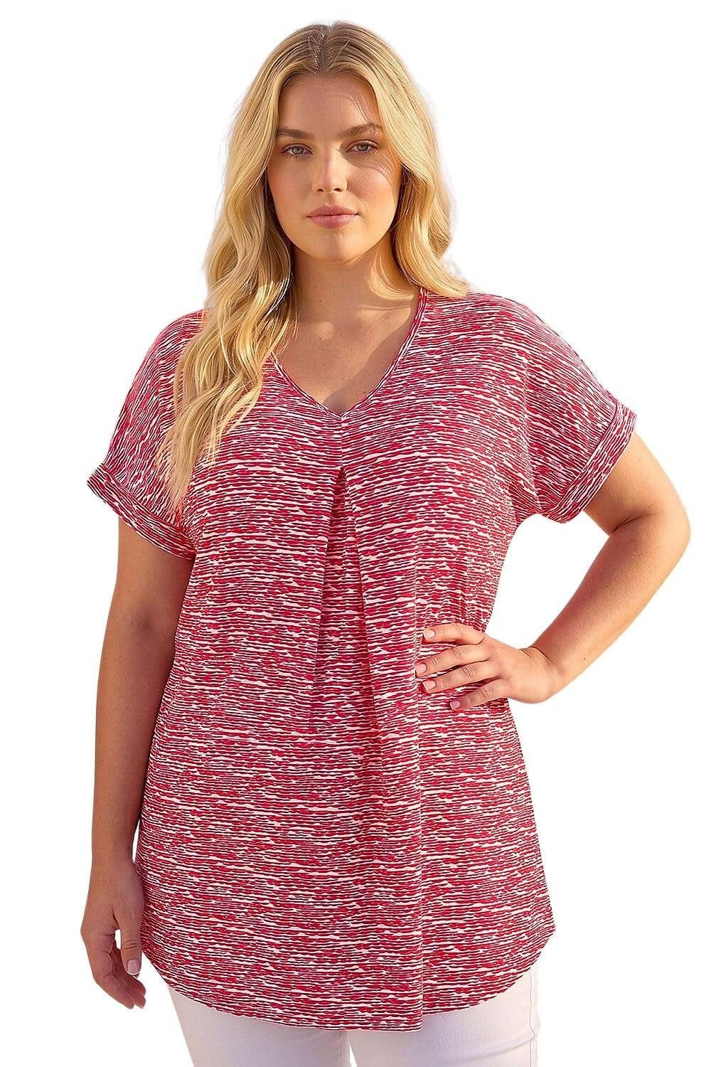 Roman Originals Women's Pink Plus Roman Curve Plain Pleat Front Stretch Top For Uk - Everyday Holiday Spring Summer V-Neckline Comfy Soft Evening Vacation Work Party - Size 18