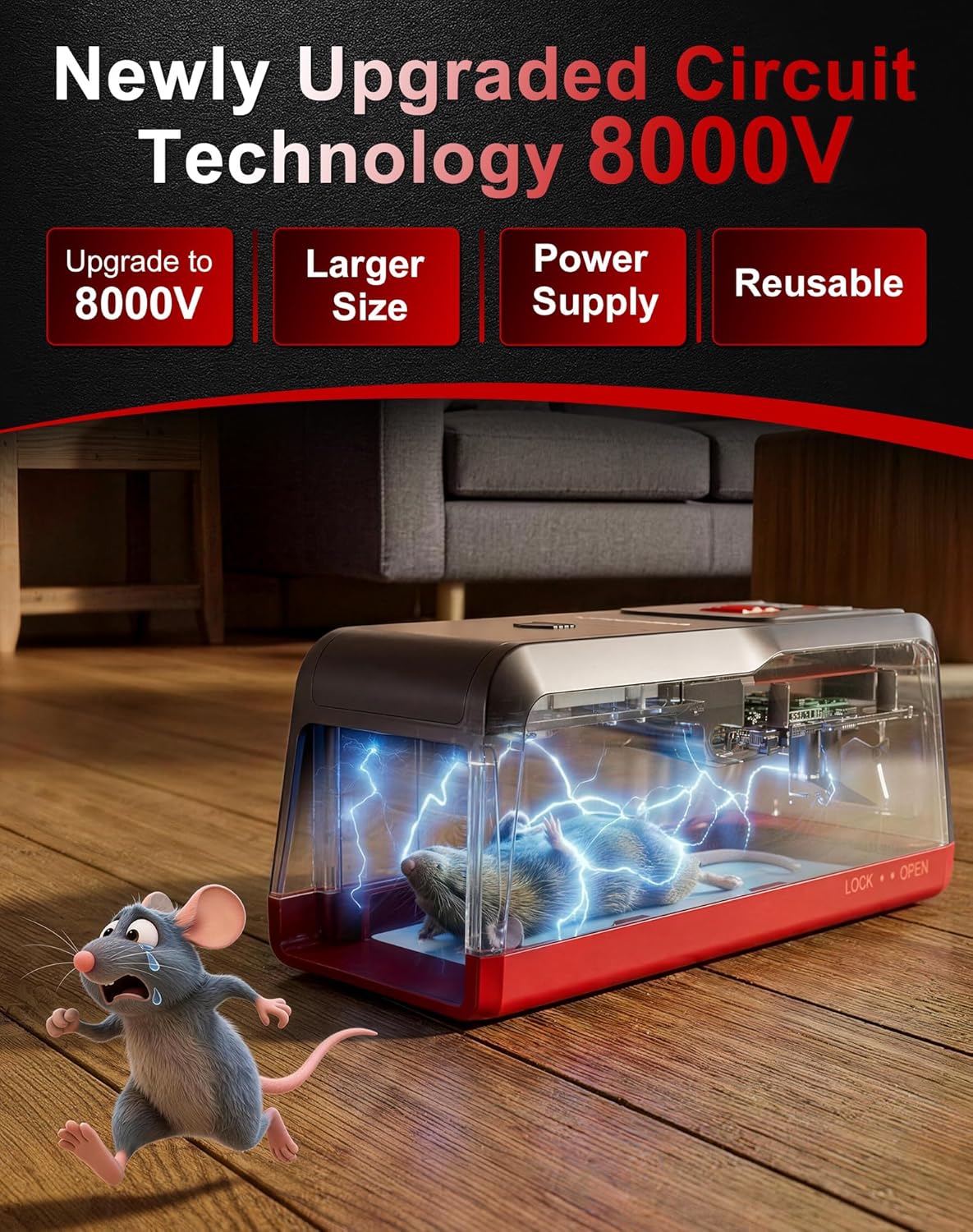 Electric Mouse Trap Zapper, Large High Voltage Instant Kill Rat Trap, Reusable Humane Mouse Trap, No-Touch Electronic Mice Traps, Effective Mouse Traps Indoor for Home, Kitchens, Garages Red 1PCS