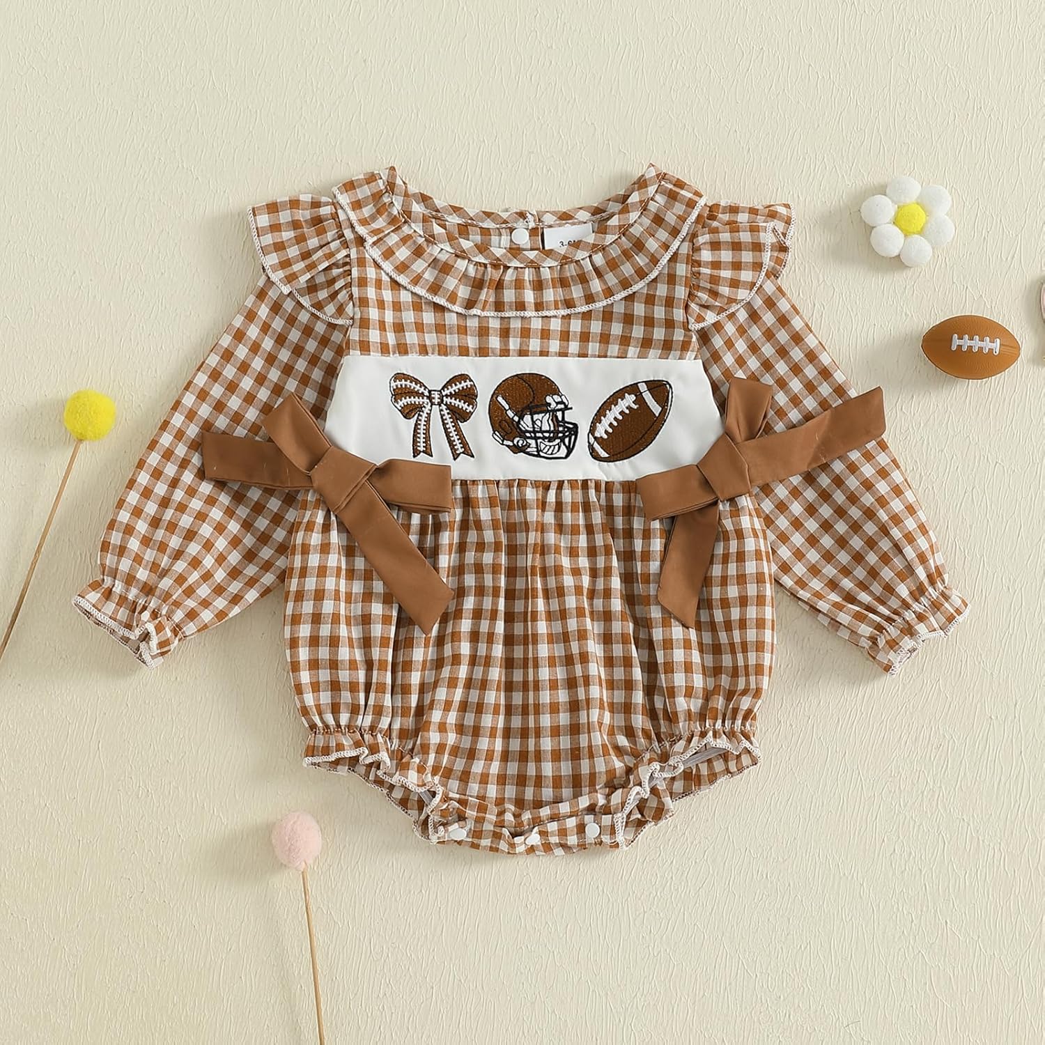 Baby Girl Football Outfit Long Sleeve Embroidery Plaid Smocked Romper Cute Fall Winter Gingham Jumpsuit Clothes - Image 9