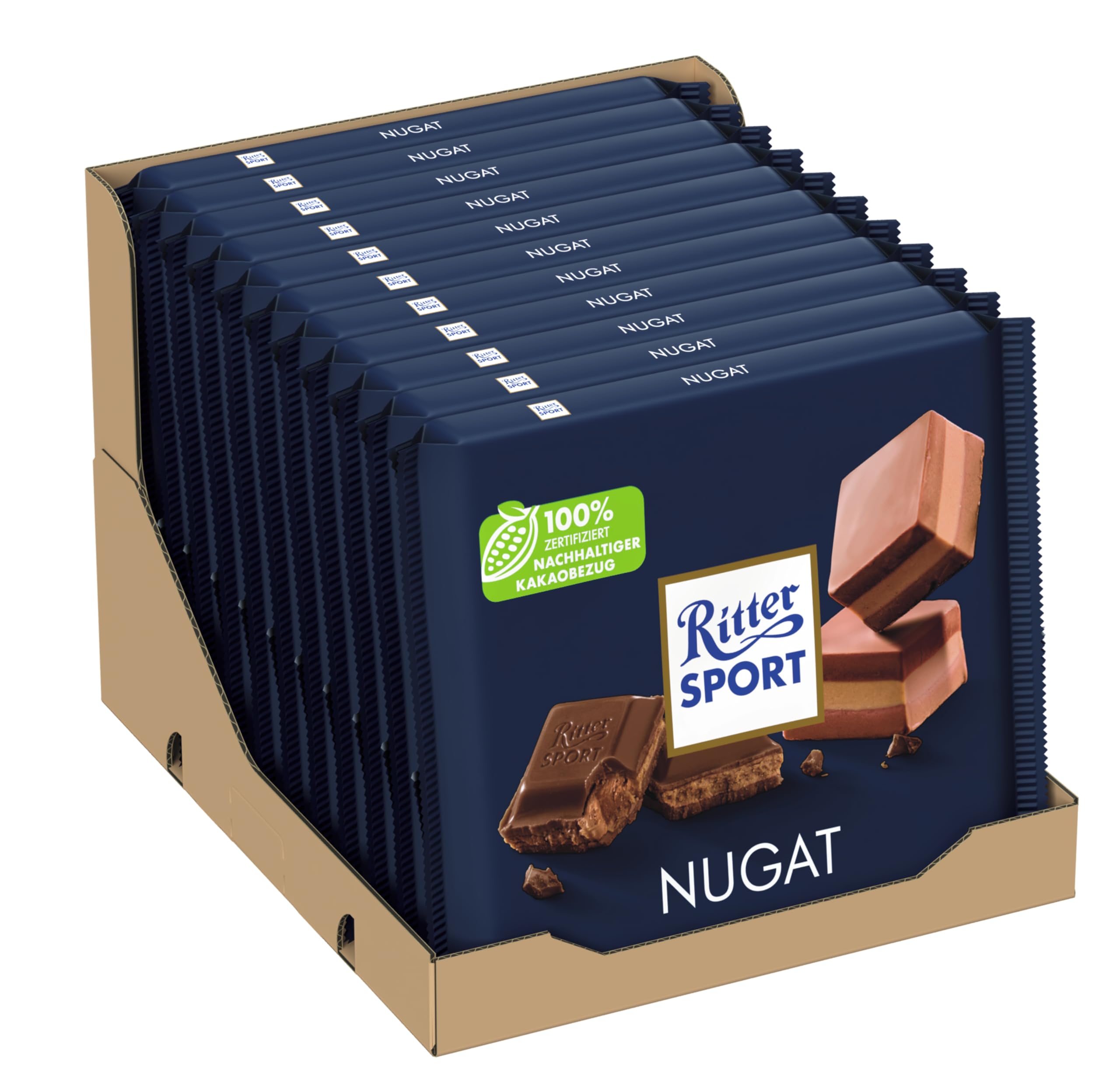Ritter Sport 250g Nugat (11 x 250 g), Große Tafel Schokolade mit cremig-feinem Nugat, Edelnugat umhüllt von feiner Vollmilchschokolade, perfekt zum Naschen und Genießen, Geschenkidee, Großtafel