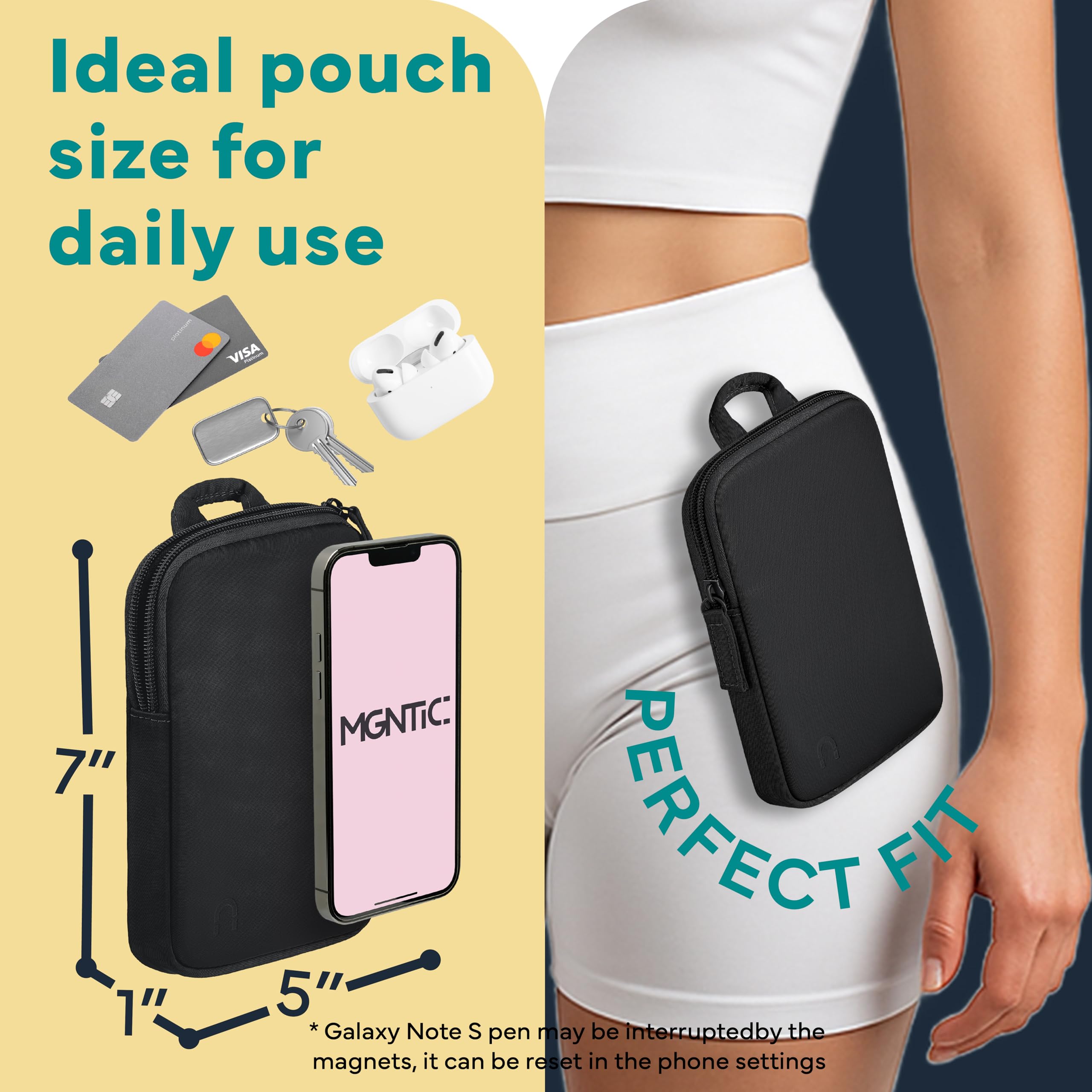 Lauf-Handyhalterung für Männer und Frauen – Patentierte freihändige Oberschenkel-Lauftasche für Handy, Reisen und Fitnessstudio, magnetische Beintasche, Jogging-Tasche, Schwarz , S, Sportlich