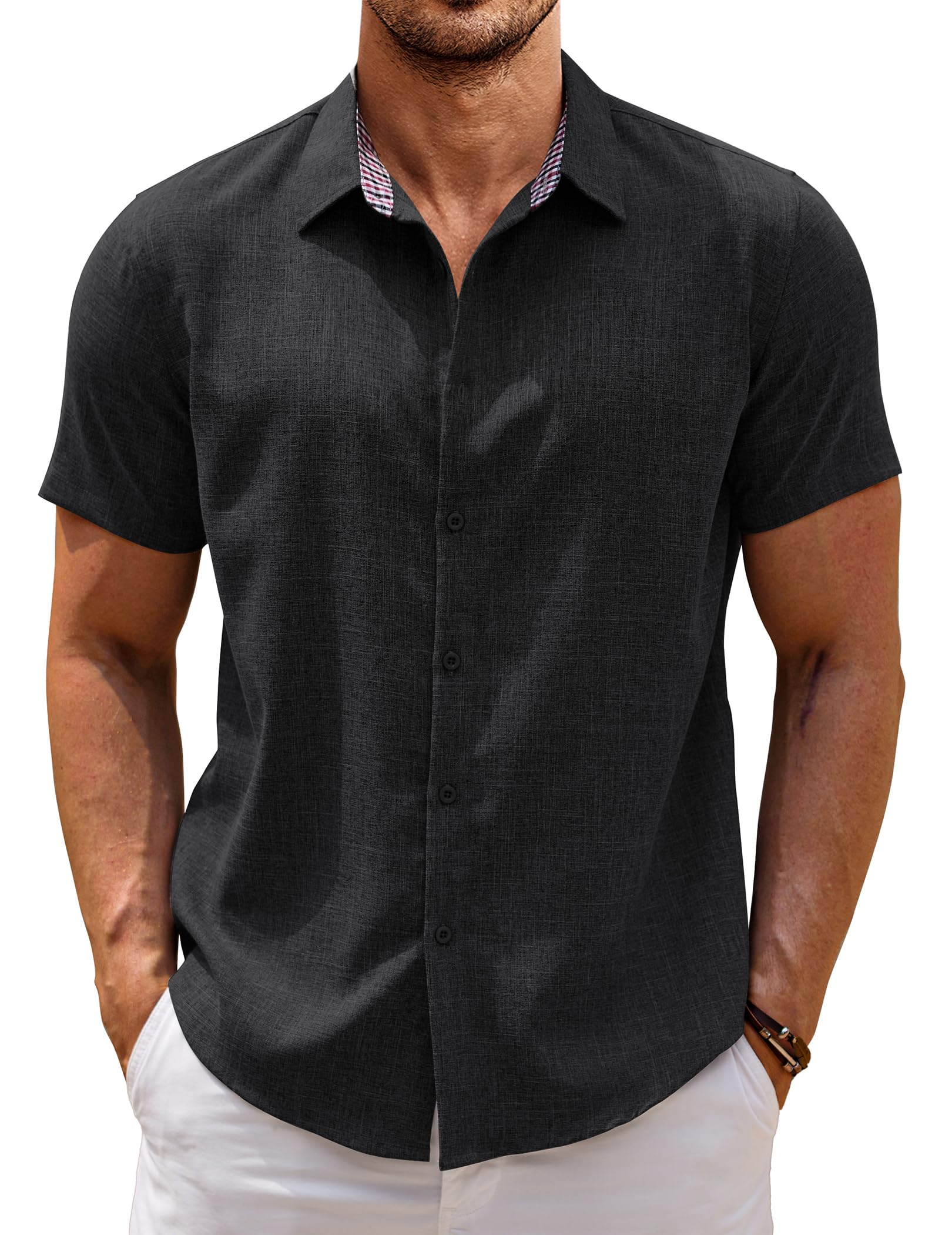 COOFANDY Mens Linen Shirt Casual Short Sleeve Button Down Shirts Summer Beach Vacation Tops