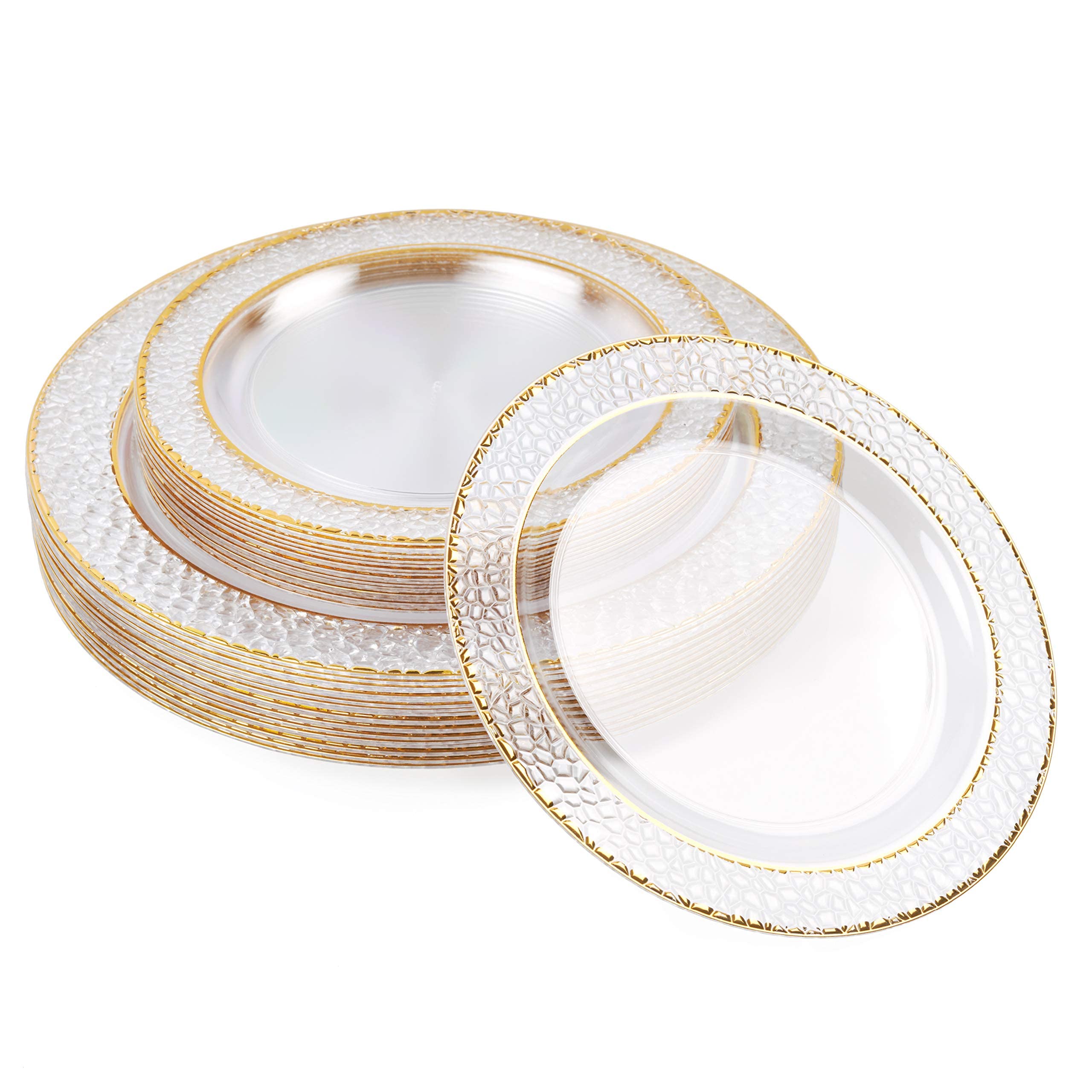 MATANA 80 Premium Hard Plastic Plates with Hammered Gold Rim - 40 x 26cm, 40 x 19cm - Elegant & Reusable Gold Party Plates for Weddings, Birthdays, Christmas, Parties