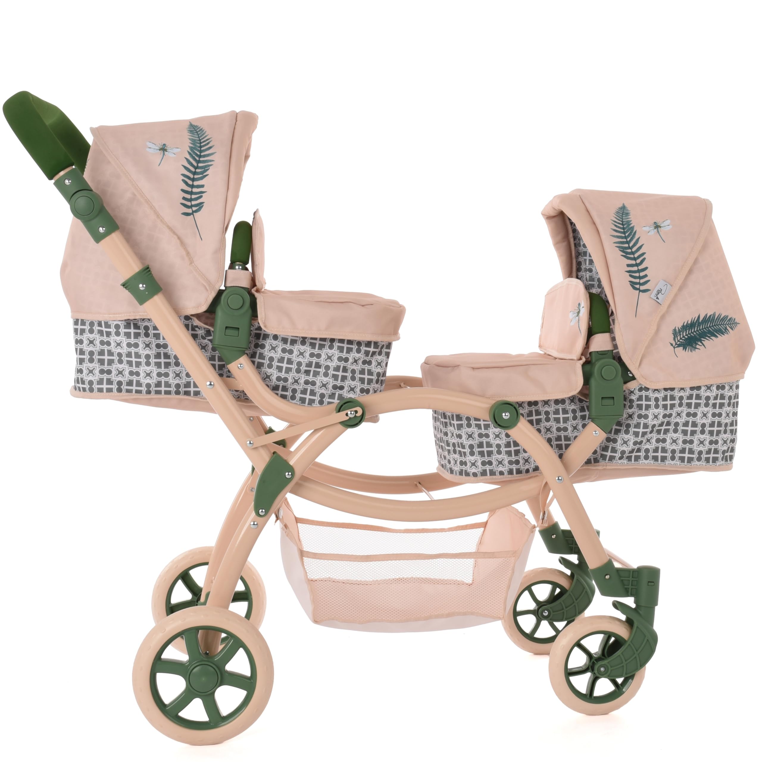 Roma Twin Dolls Pram - Realistic Double Dolls Pushchair for Ages 3-16, Adjustable Handle, 16 Combinations, Ideal Toy Pram for Reborn Dolls, Includes Bag & Basket (RHS Fern)