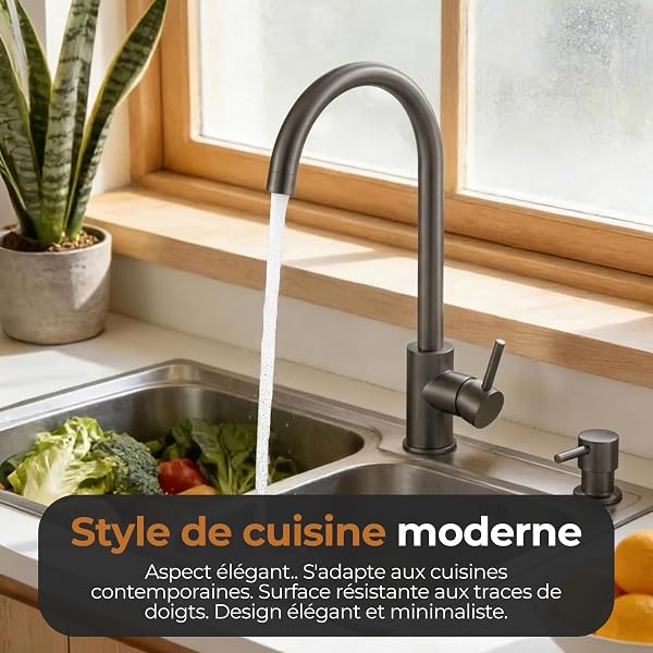 MELTA. Robinet Cuisine Pivotant 360° – Mitigeur Évier Arc Élevé en Acier Inoxydable, Robinet Cuisine avec Levier Unique, Robinet Évier Cuisine Moderne, Installation Facile (GRIS MÉTALLISÉ) - 5
