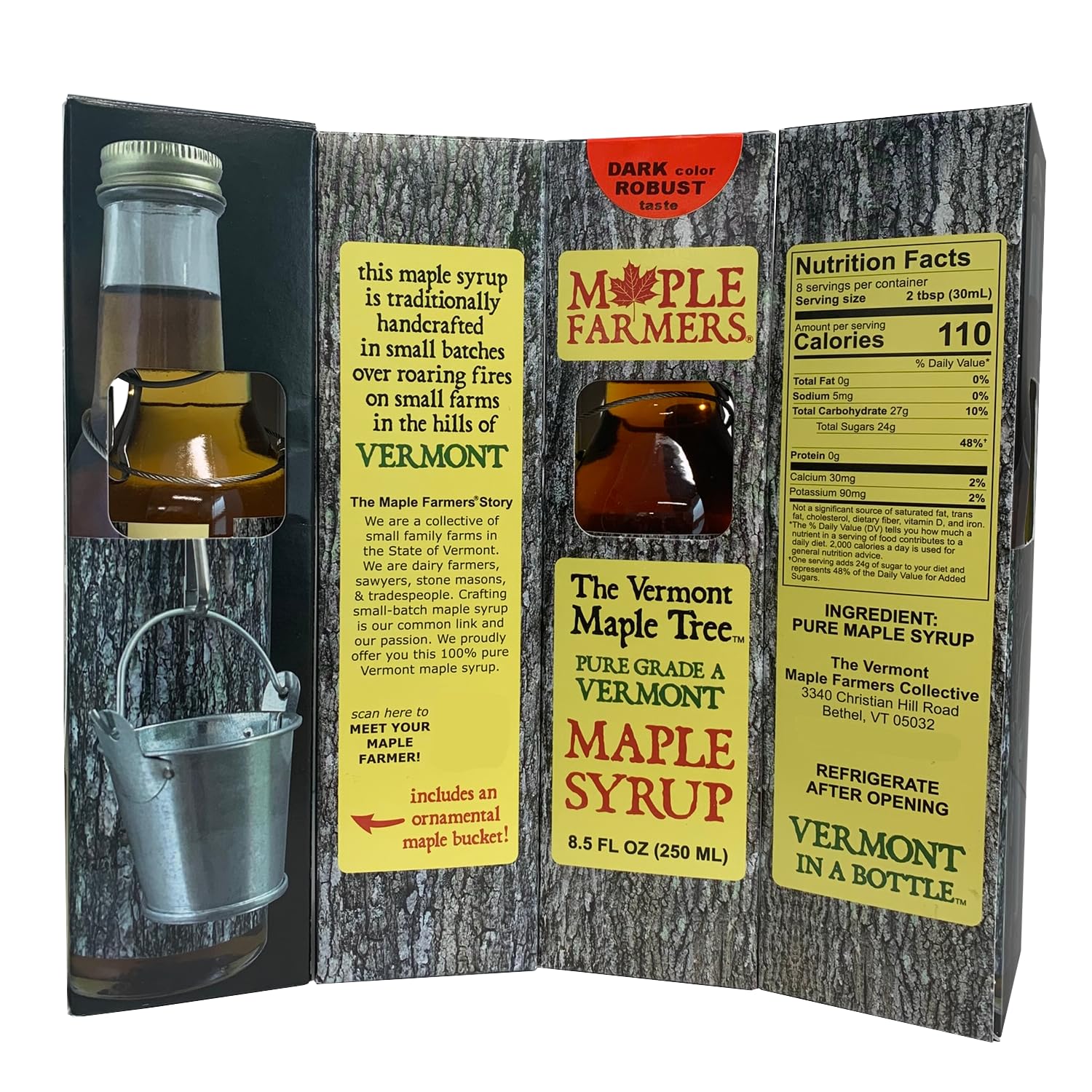 Vermont Maple Syrup Sampler Pack of Maple Trees, Four 8.5 oz Glass Bottle with Decorative Metal Sap Buckets, Pure, Small-Batch, Handcrafted on Small Family Farms by MAPLE FARMERS, Golden, Amber, Dark, & Very Dark