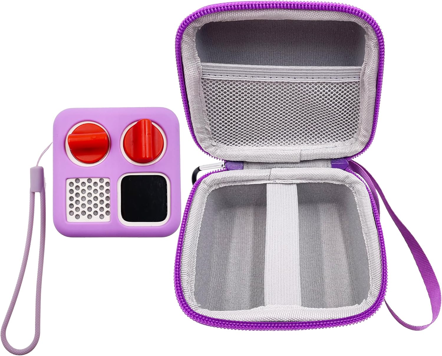 xcivi Hard Carrying Case and Silicone Cover for YOTO Mini Audio Player | Shockproof waterproof EVA, scratch-resistant soft silicone, mesh card pocket, wrist strap carabiner, quick install, purple