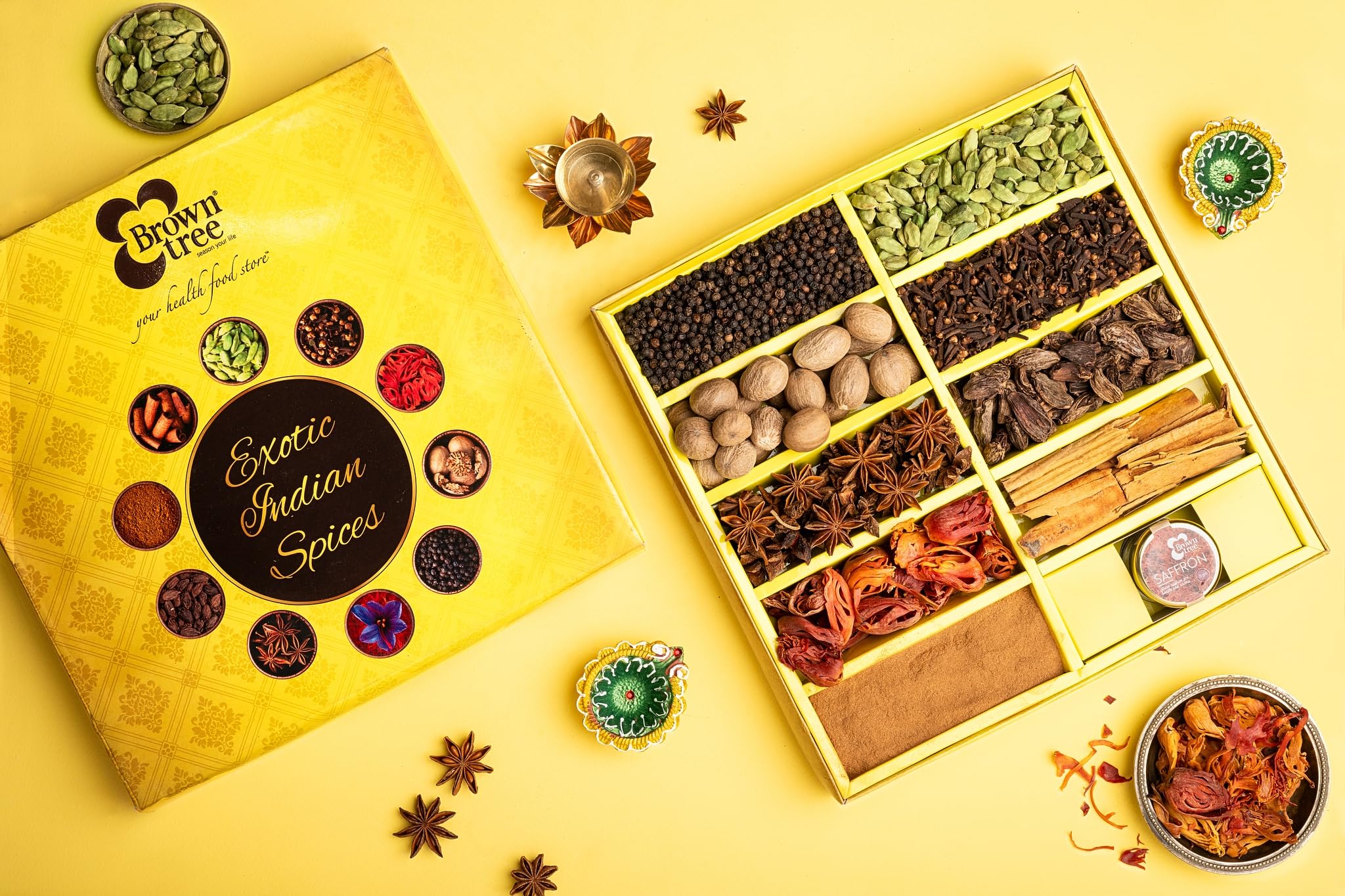 Browntree Spice Gift Pack-270.5g| Indian Spice Collection | Premium Assorted Indian Spices – Saffron, Cloves, Cinnamon, Cardamom, Black Pepper, Cinnamon Powder, Anasi Pu, Cardamom Black | Ideal Festive Gift Set| Masala Box For Kitchen-image-0