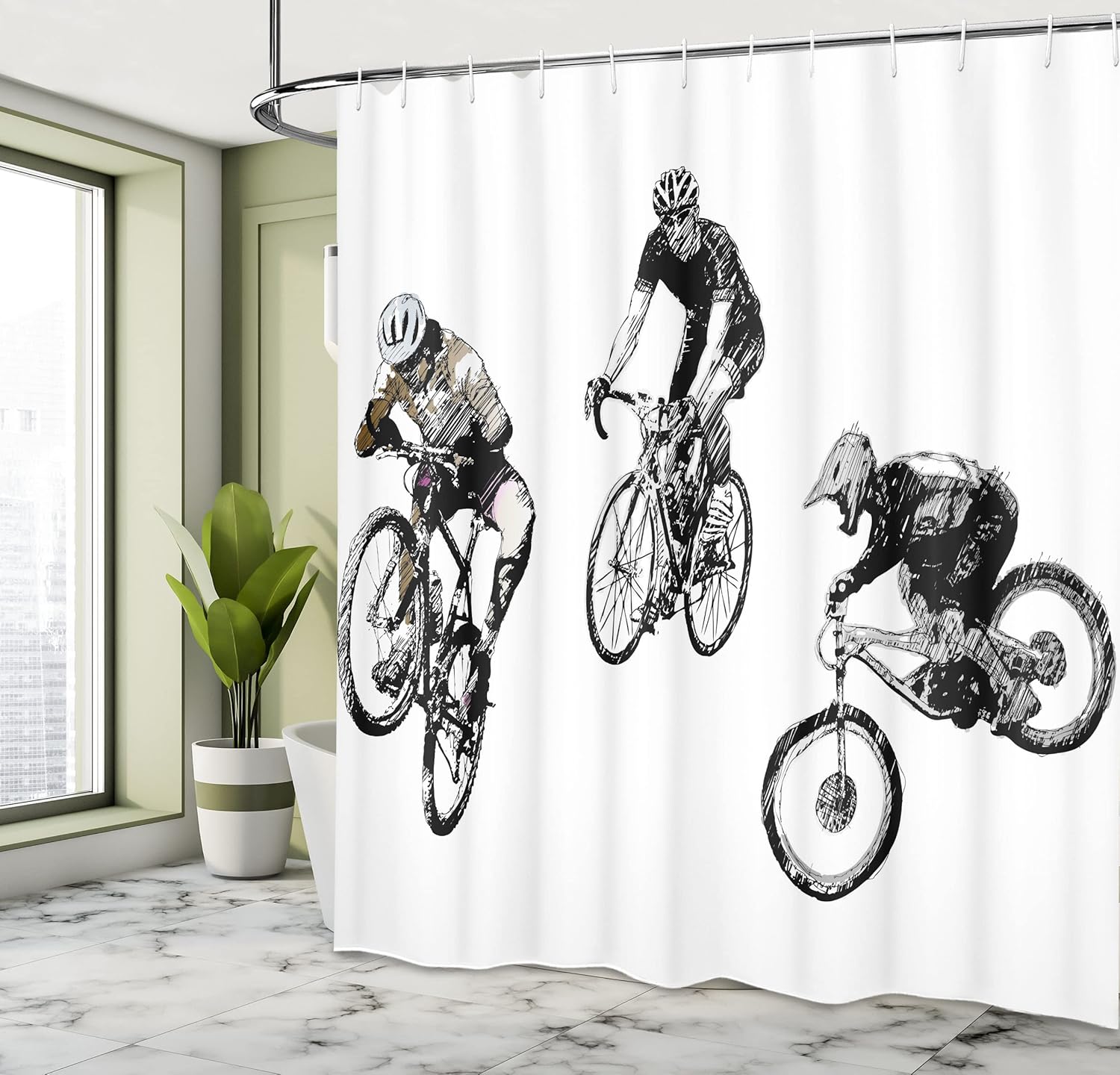 Ambesonne Sketchy Shower Curtain, Hand Drawn Image of Cyclists Bicycle Bikes with Tour De France Theme Outdoors, Cloth Fabric Bathroom Decor Set with Hooks, 69" W x 75" L, Black and White