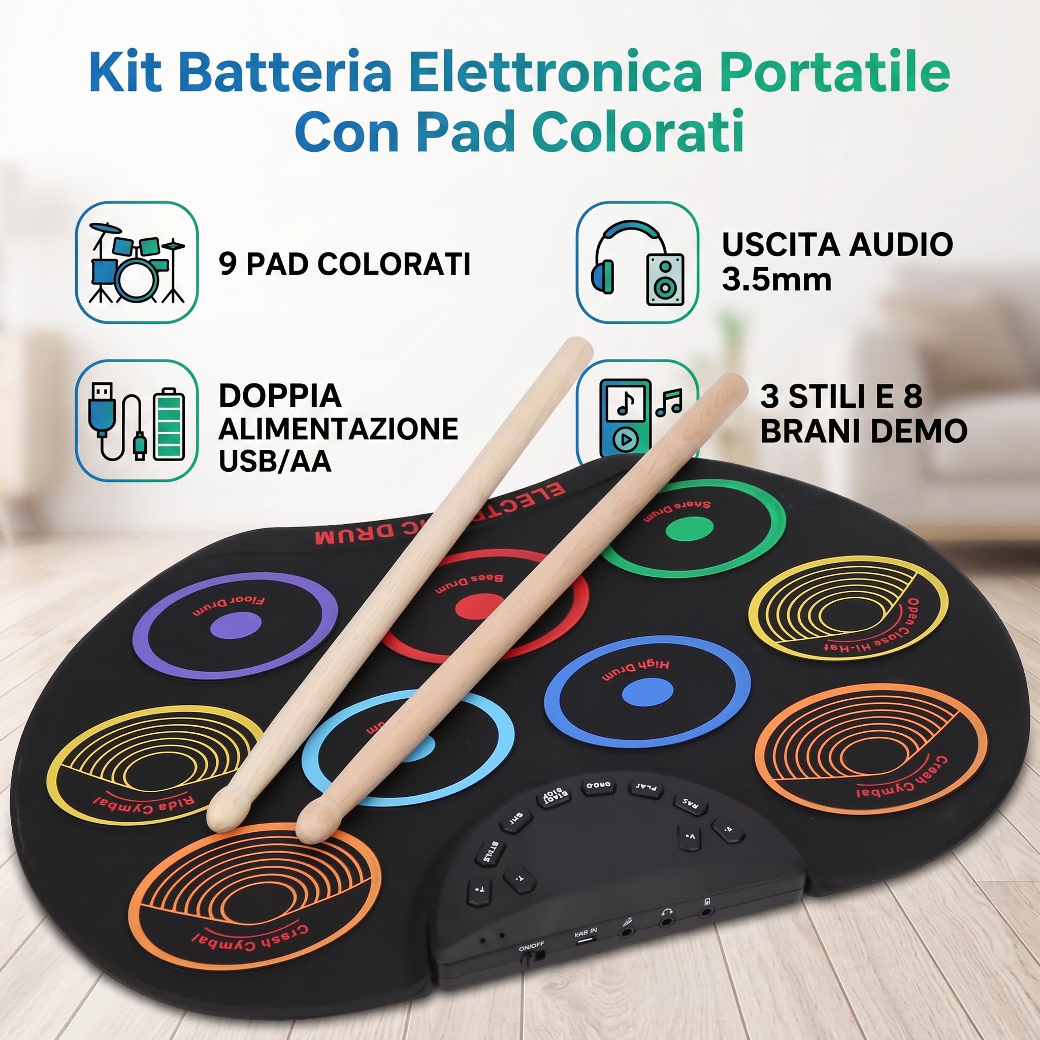 Almohadilla Batería Electrónica Portátil para Principiantes Adultos Colores Laminada a Mano Iris