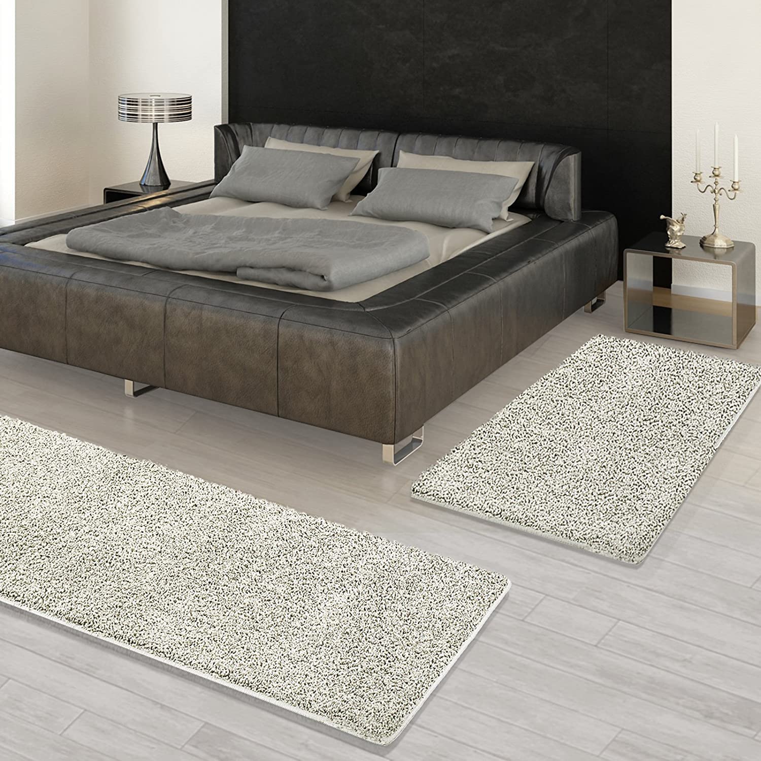 Floordirekt Shaggy-Bettumrandung Barcelona - 3-teilig - Shaggy-Kräusel-Optik - Hochflor Bettvorleger in vielen Farben (B: 67 cm | L: 1 x 250 cm + 2 x 140 cm, Creme)