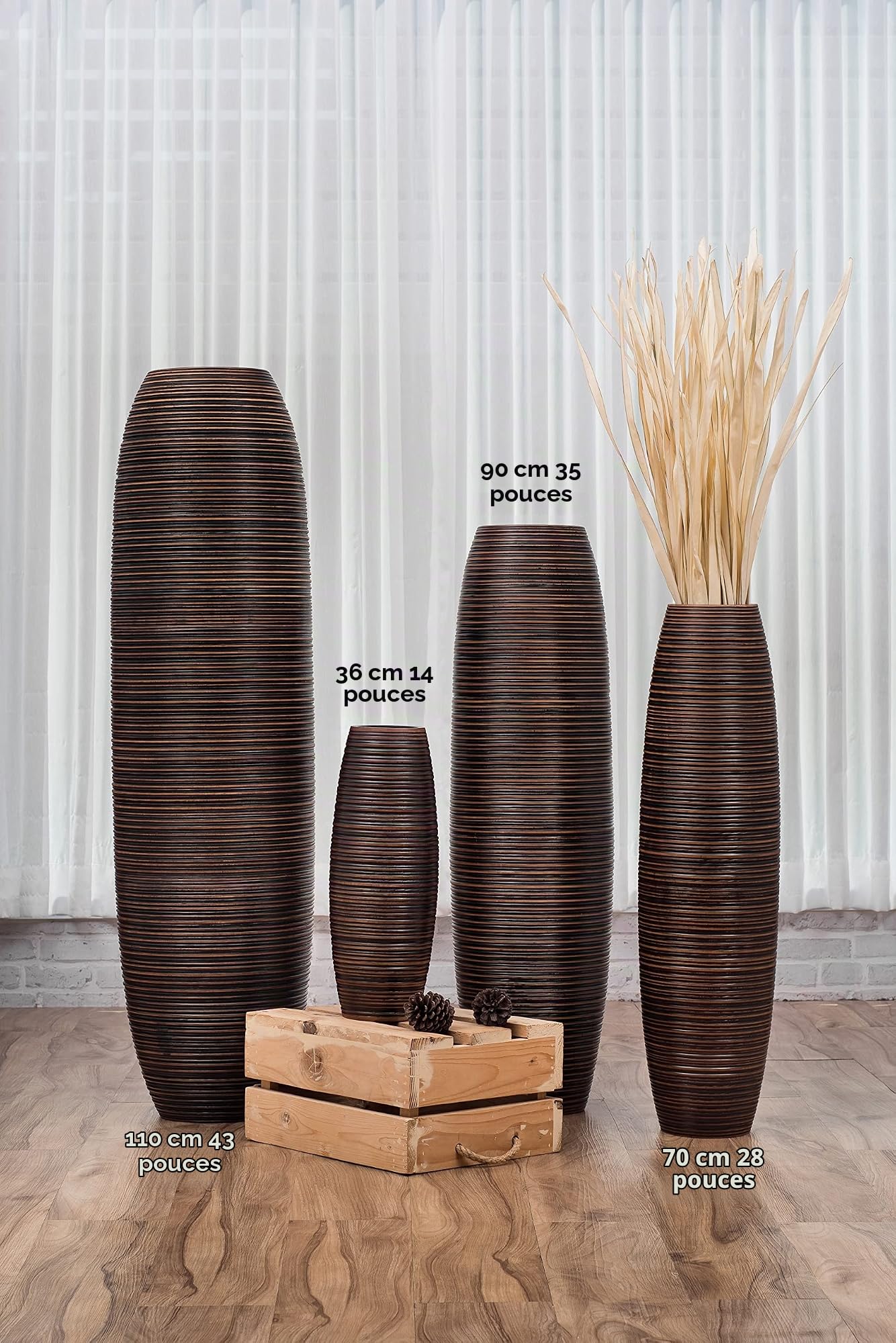 Leewadee Grand Vase de Sol 85 cm Bois de Manguier Pampa & Fleurs Séchées | Vase Déco pour Salon, pour Branches & Herbes Séchées. Plus solide que la Céramique, sans Eau. Bohème