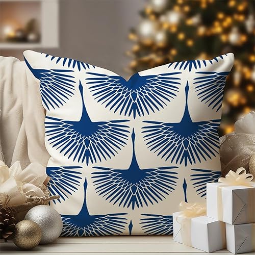 Swan Flock - Funda de cojín azul con diseño de pájaro azul, funda de almohada para sofá, chinoiserie japonesa, 16 x 16 pulgadas, almohadas de lino