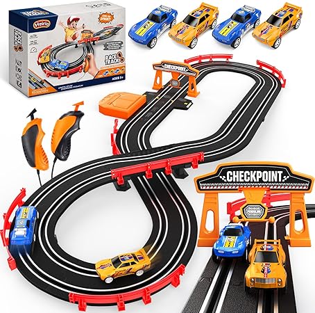 Slot Car Race Track Sets, Electric or Battery-Powered Dual Car Track Include 4 High-Speed Race Cars, Controllers, Checkpoint, Lap Counter, Toy Gift for Boys Girls Ages 4 5 6 7 8-12 Year Old Kid