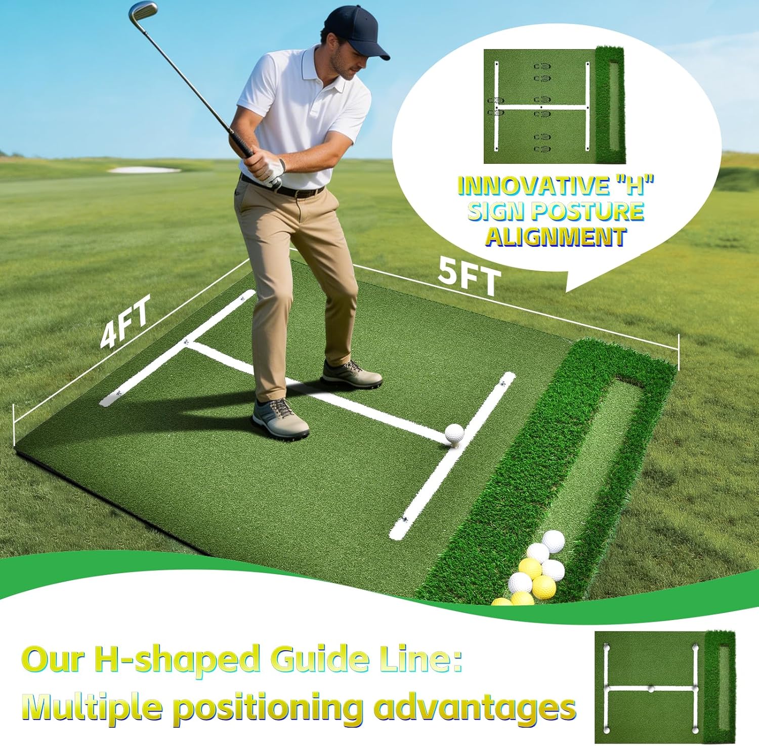 (Enlarged×Thickened) Golf Mat 31mm/36mm, 5x4ft/5x5ft Dual-Turf Golf Hitting Mat with Ball Tray for Indoor Outdoor, Heavy Duty Commercial Golf Mat, High-Elasticity Golf Practice Mat for Simulator