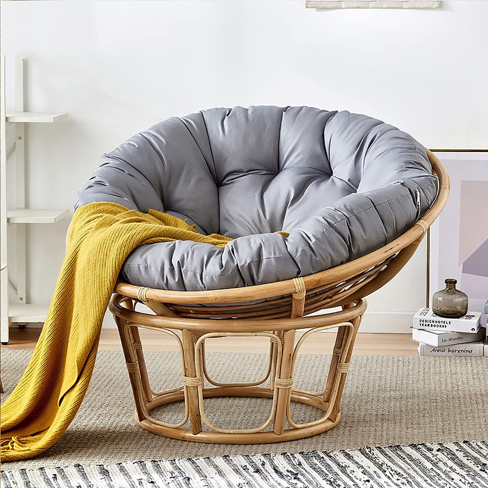 Papasan Garden Chair, Round Padded Tufted Cushion, Thick Egg Filled Hammock Swing for Indoor Outdoor, Gray, 110x110cm(43x43inch)