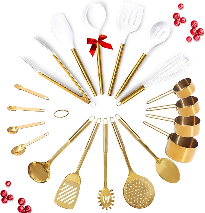 Gold Kitchen Utensils Set - 19 PC Luxury Set Includes Stainless Steel Gold Cooking Utensils Set, White Silicone Cooking Utensils, Gold Measuring Cups and Spoons Set - Gold Kitchen Accessories