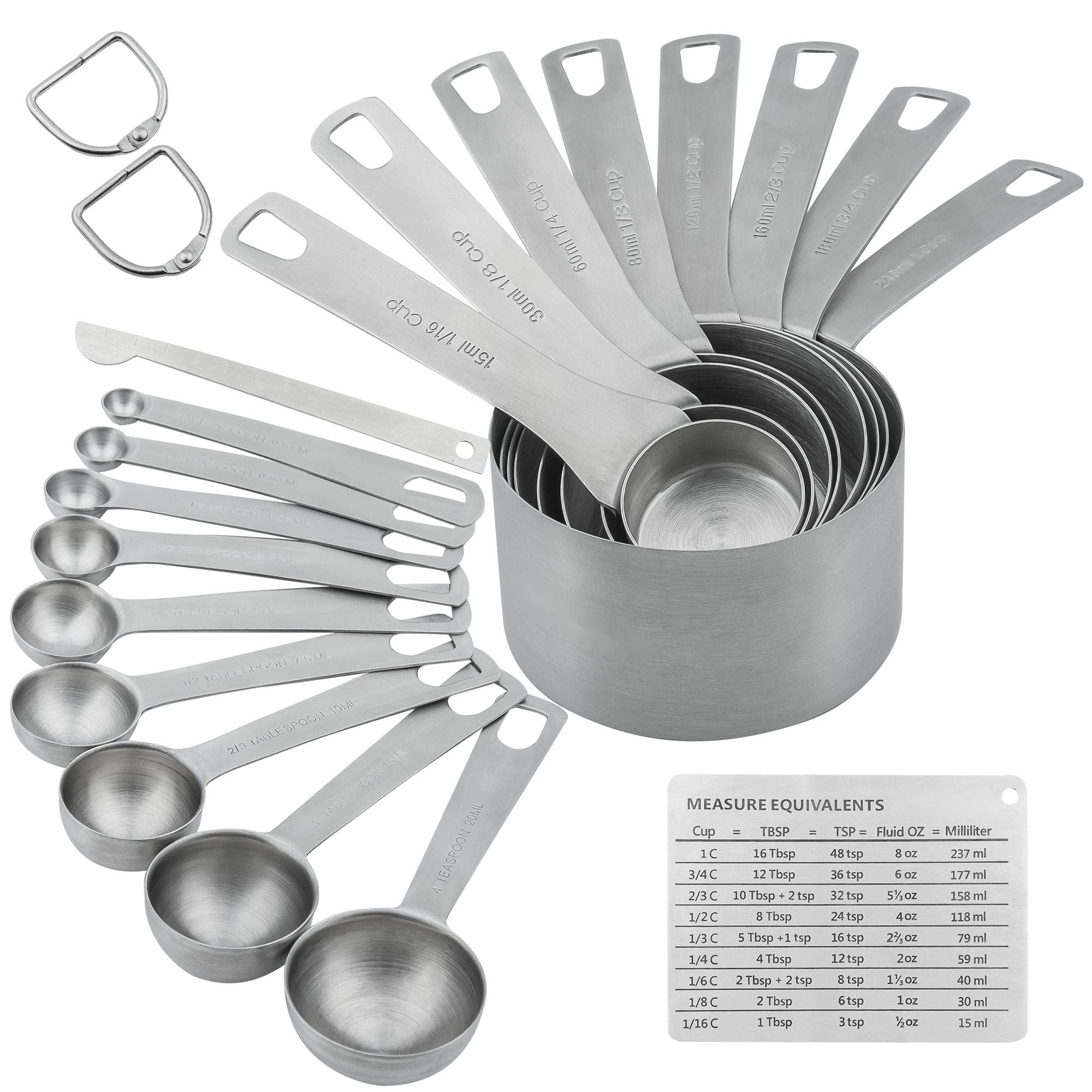 Nstezrne Measuring Cups and Spoons Set, 18/8 Stainless Steel 8 Measuring Cups and 9 Measuring Spoons with Leveler and Measurement Enquivalents, Kitchen and Baking Measure Cups Spoons Set of 19