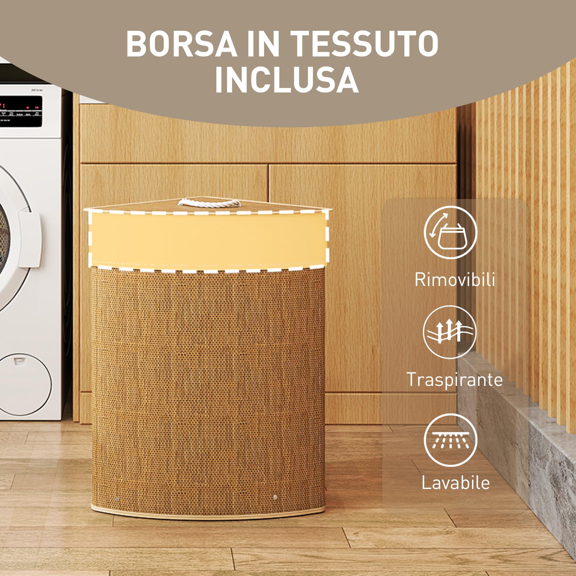 HOMCOM Cesto Portabiancheria Angolare da 55L con Sacco Estraibile e Coperchio Removibile, Cesta per la Biancheria in Bambù, 35x35x60 cm, Marrone