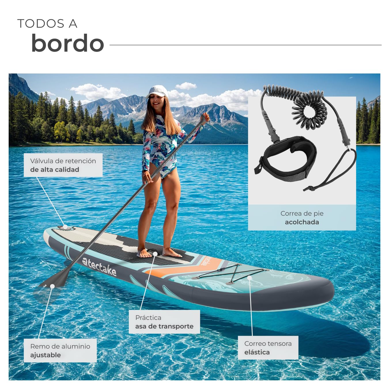 tectake® Tabla de Paddle Surf Hinchable, Incluye Remo 2 en 1, Asiento Incorporado de Kayak, Sup Hinchable, Bomba de Aire, Mochila Remo Doble y 3 Aletas, Tabla Hinchable, Carga Máx: 200kg