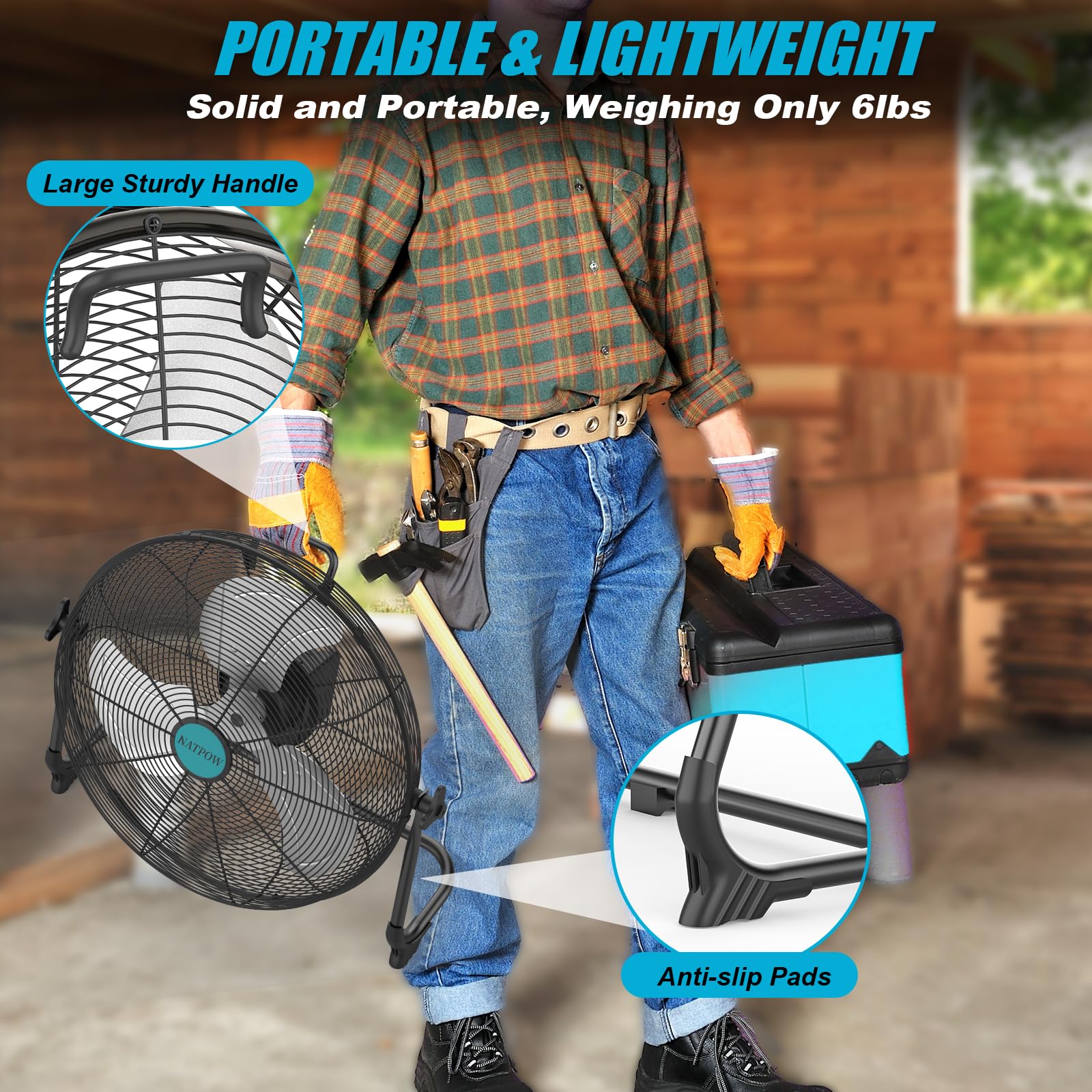 NATPOW Ventilateur Compatible avec Makita 18V, 15W Brasseur d'air avec Type C et USB, 30 cm Ventilateur de Sol, Adaptateur 1,5 m Inclus, Silencieux pour Camping, Plage, Pêche, Chantier, sans Batterie