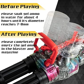 Gel Splat Blaster Gatling Toy - Dual Rotating Barrels - Colorful LED Light - Fully Automatic - 7.4V Rechargeable Battery Powered - for Ages 15+