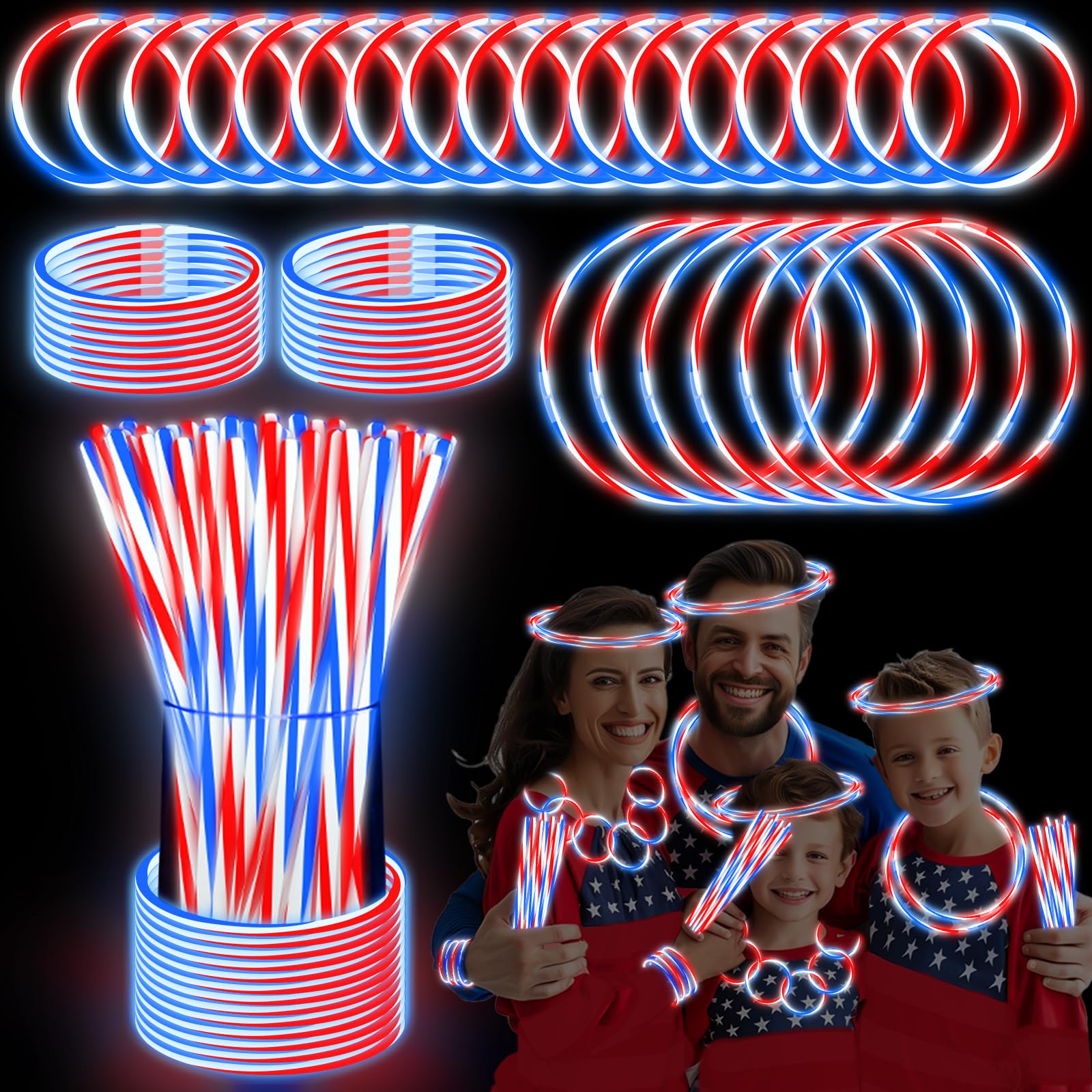100 PCS 4th of July Glow Sticks Bulk with Connectors,Red White Blue 3 Colors In 1 Glow in The Dark Stick, Light Up Bracelets & Necklaces for Kids & Adults, 250th Anniversary USA Party Favor Supplies