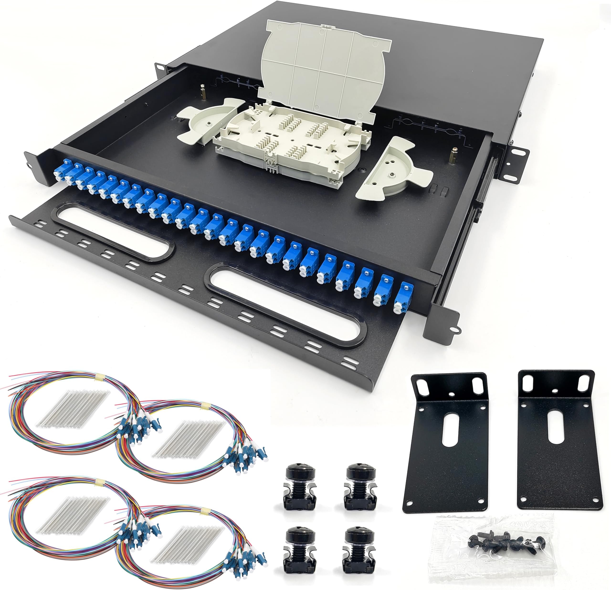 LC-SM 24 Duplex 48 Port Rack Mount Enclosure Box with Splice Trays (Drawer Type Design, Includes 1.2 Meter Pigtail and 24pcs Coupler) Fits for 19" Racks Cabinet
