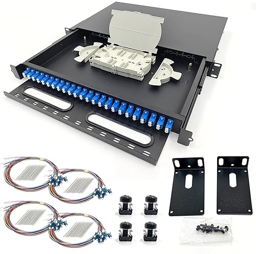 LC-SM 24 Duplex 48 Port Rack Mount Enclosure Box with Splice Trays (Drawer Type Design, Includes 1.2 Meter Pigtail and 24pcs Coupler) Fits for 19 Racks Cabinet