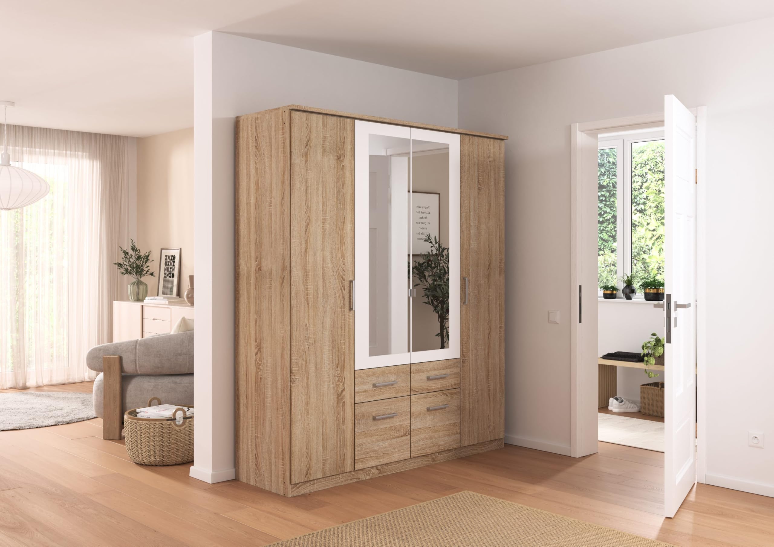 Rauch Möbel Burano - Camera da letto, in rovere Sonoma/bianco, composto da letto con superficie di appoggio 180 x 200 cm, con 2 comodini e armadio con ante girevoli, 181 x 212 x 58 cm