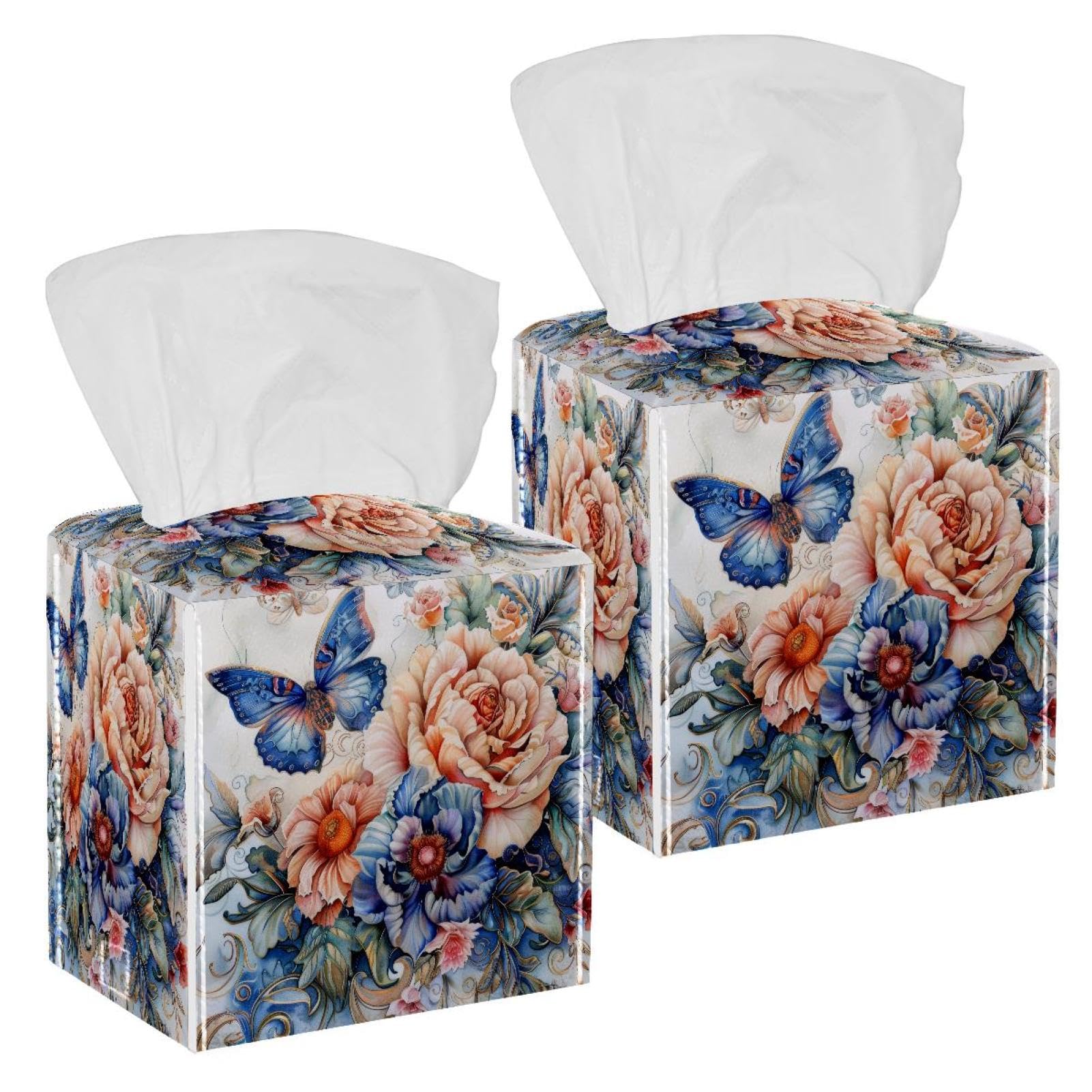 Rose Peony Butterfly Tissue Box Cover, 2 Pack PU Leather Square Facial Tissue Dispenser Box holder for Home Office Car