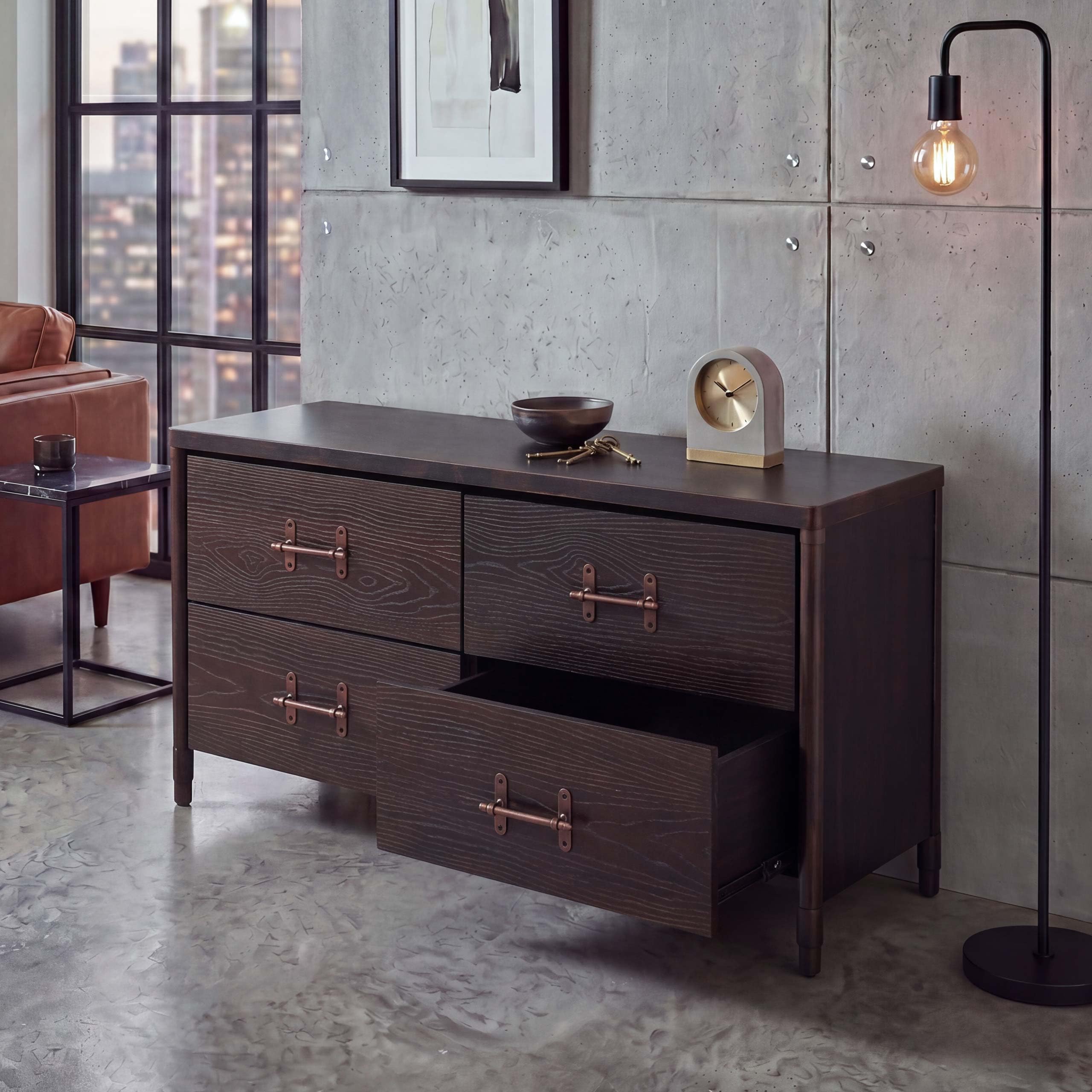 Mendler Kommode HWC-Q66 60x120x40cm - Holz schwarz, Metall kupferfarben