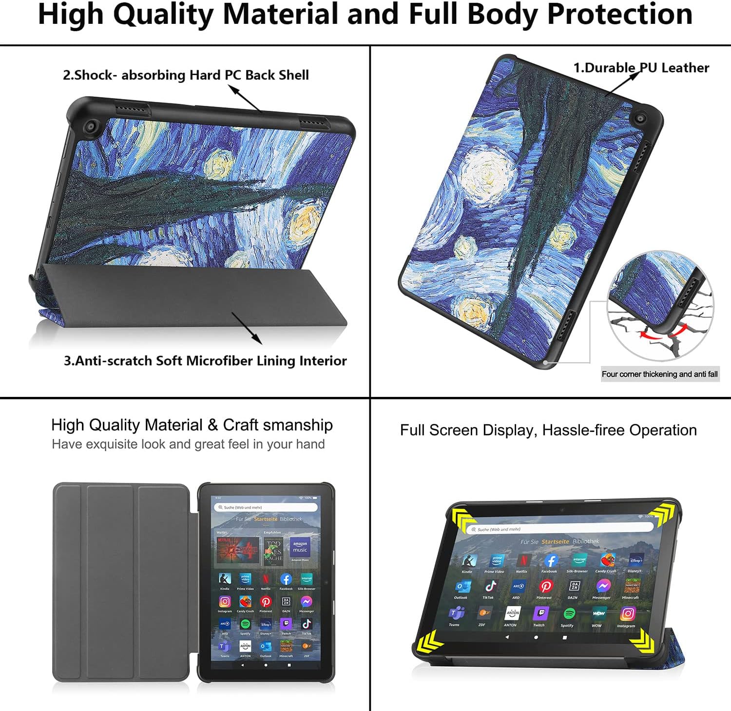 Case for Amazon Kindle Fire HD 8 & Fire HD 8 Plus (12th/10th Gen, 2024/2022/2020 Release) 8", UUcovers Trifold Stand Hard Bumper Shockproof Smart Cover with Auto Wake/Sleep, Starry Night Van Gogh