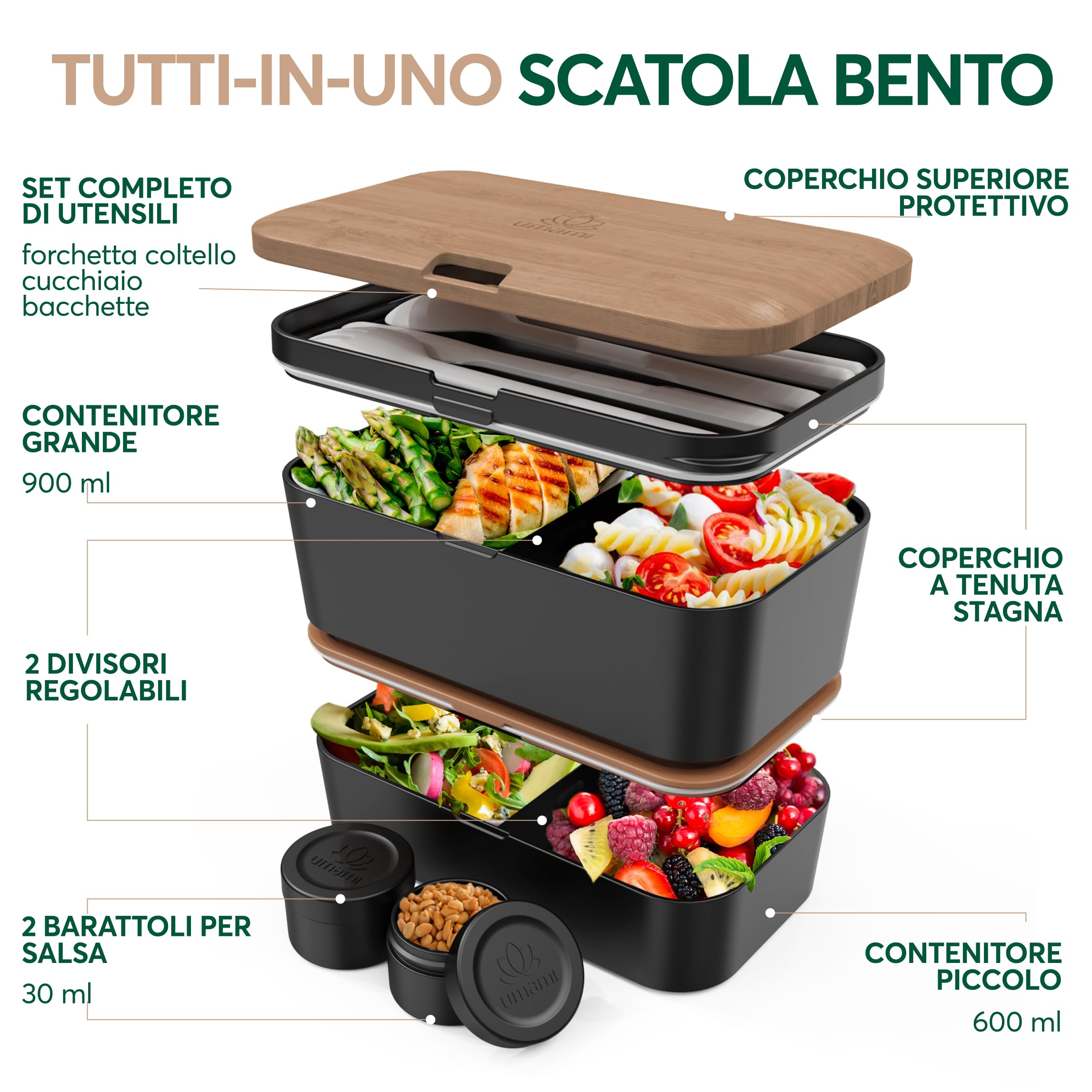 Umami Porta Pranzo Lunch Box Impilabile Con 4 Scomparti E Posate, Sicuro Per Microonde, Lavastoviglie, Portapranzo Ufficio, Bento Lunchbox Ermetico Per Adulti, Pranzo, Ciliegia Nera, 1500 ml