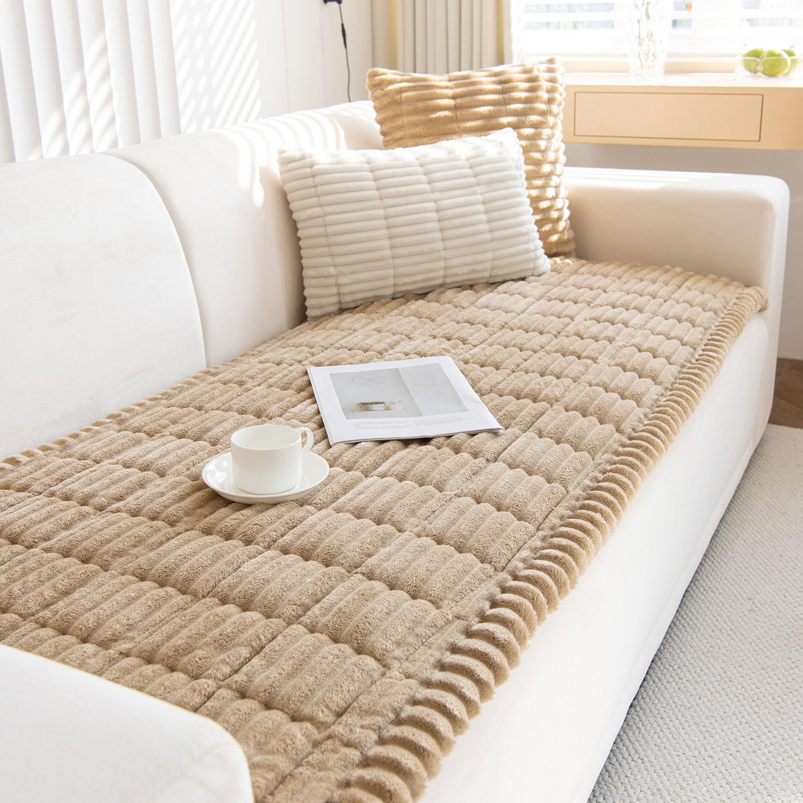 ShowyLive Chaise Long Sofa Cover, Covers for 1 2 3 4 Seater Sofa Cover Protector - Soft and Thick Corduroy Non-Slip Anti-Scratch Covers for Dogs Cats (70 x 180 cm, Khaki)