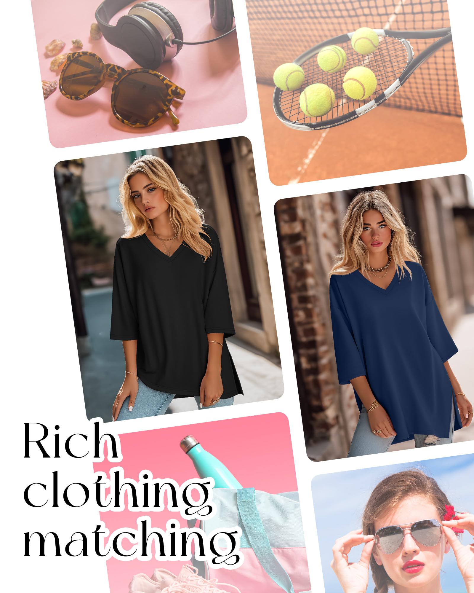 3 Top Donna Oversize Maniche 3/4 Scollo a V | Tuniche Con Spacchi Laterali, T-shirt Ampie, Abbigliamento Traspirante, Maglie Casual, Outfit a Strati, Moda Autunnale