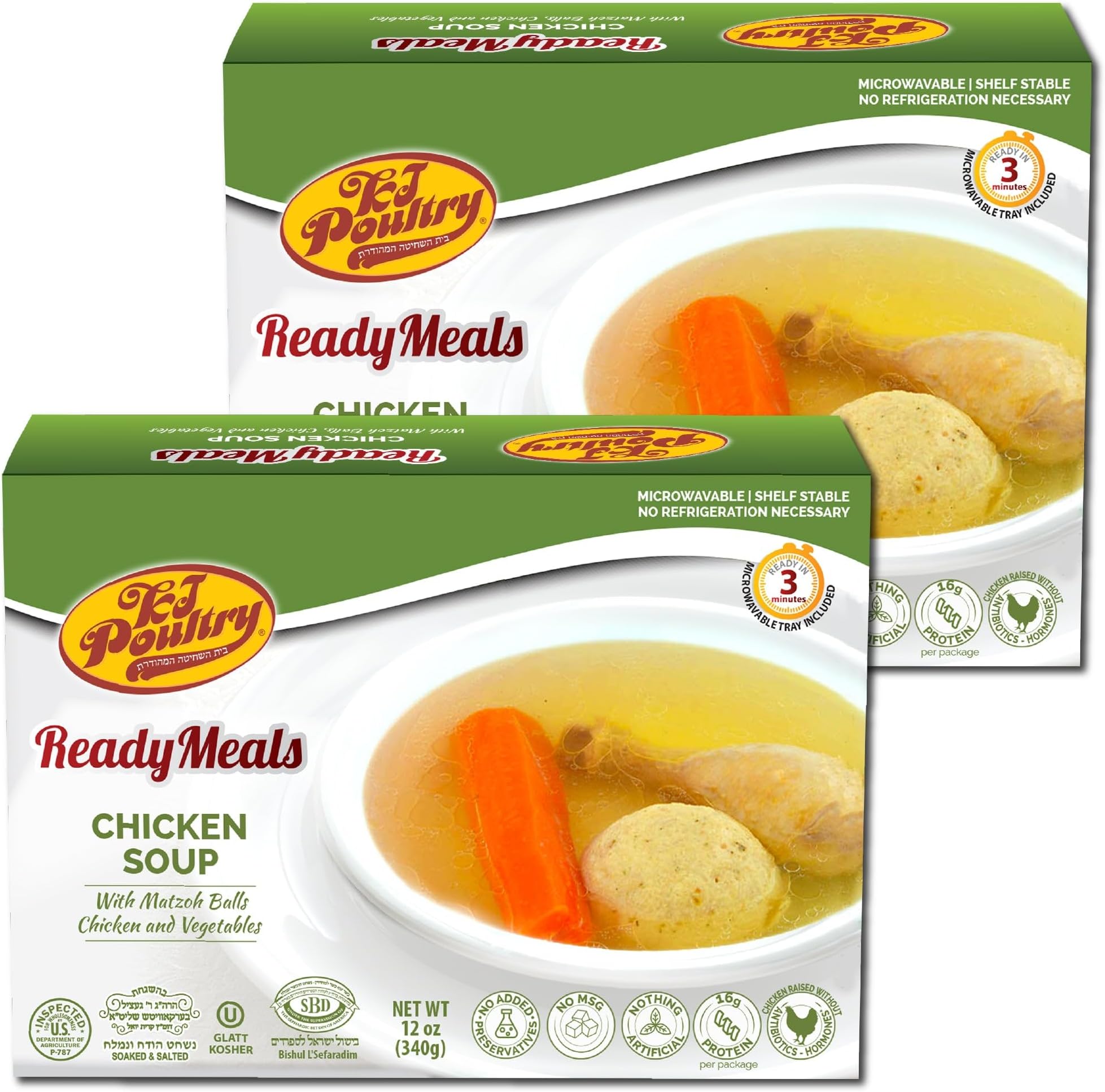 KJ Poultry Kosher Ready Meals - Matza Ball Chicken Soup & Vegetables, CHOMETZ NOT for PASSOVER, MRE Meat Meals Ready to Eat, Shabbos Food, Halal, (2 Pack) Cooked Entree, Shelf Stable Microwave Dinner