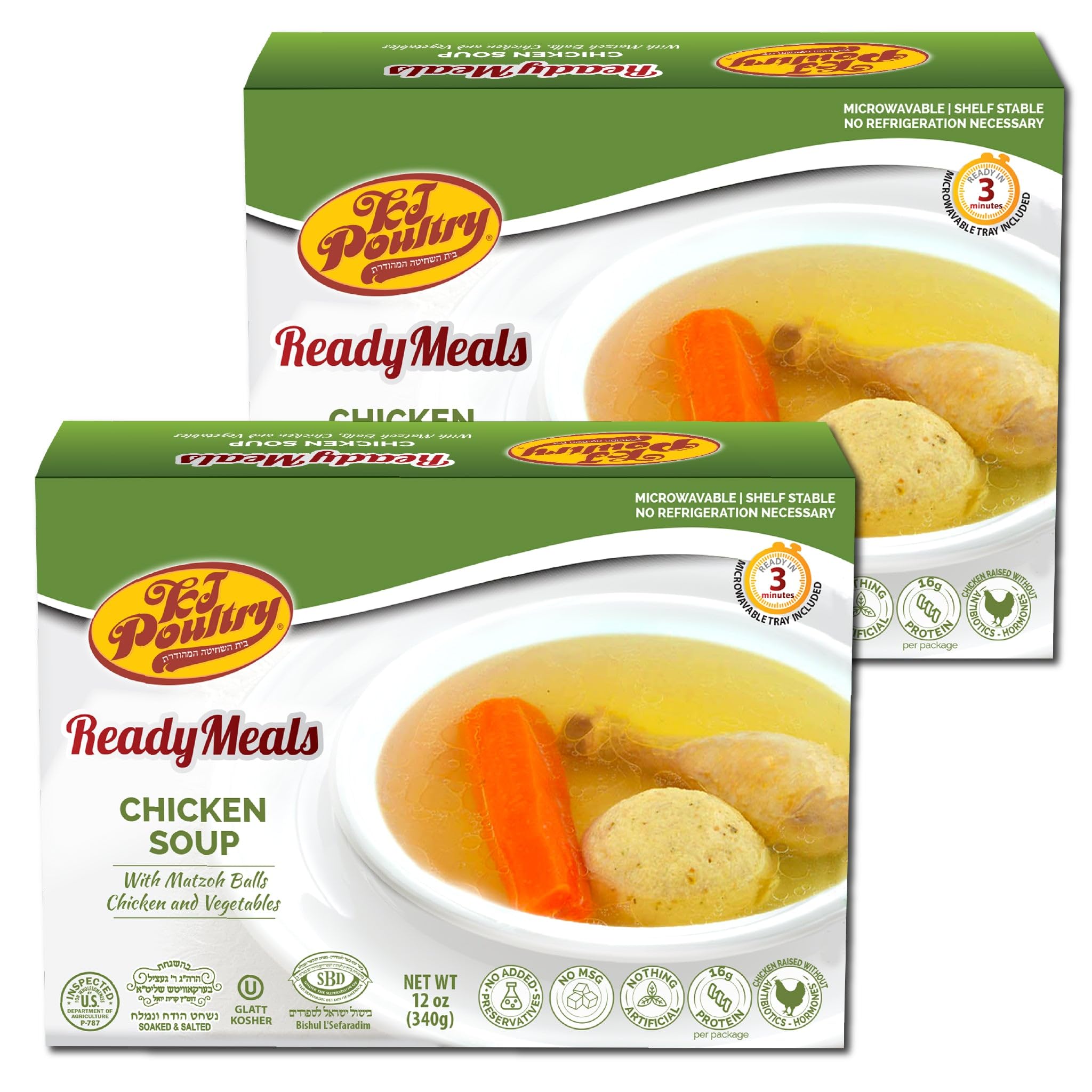 KJ Poultry Kosher Ready Meals - Matza Ball Chicken Soup & Vegetables, CHOMETZ NOT for PASSOVER, MRE Meat Meals Ready to Eat, Shabbos Food, Halal, (2 Pack) Cooked Entree, Shelf Stable Microwave Dinner