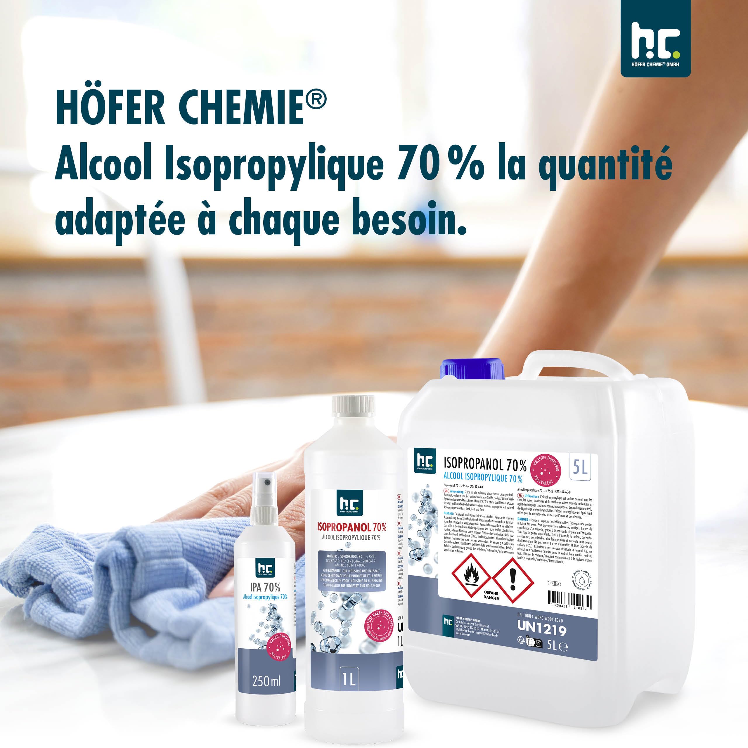 Höfer Chemie Isopropanol 99,9% (IPA) 24 X 1 L - Alcool Isopropylique pour le Nettoyage et le Dégraissage - Solvant Puissant - Multiusage