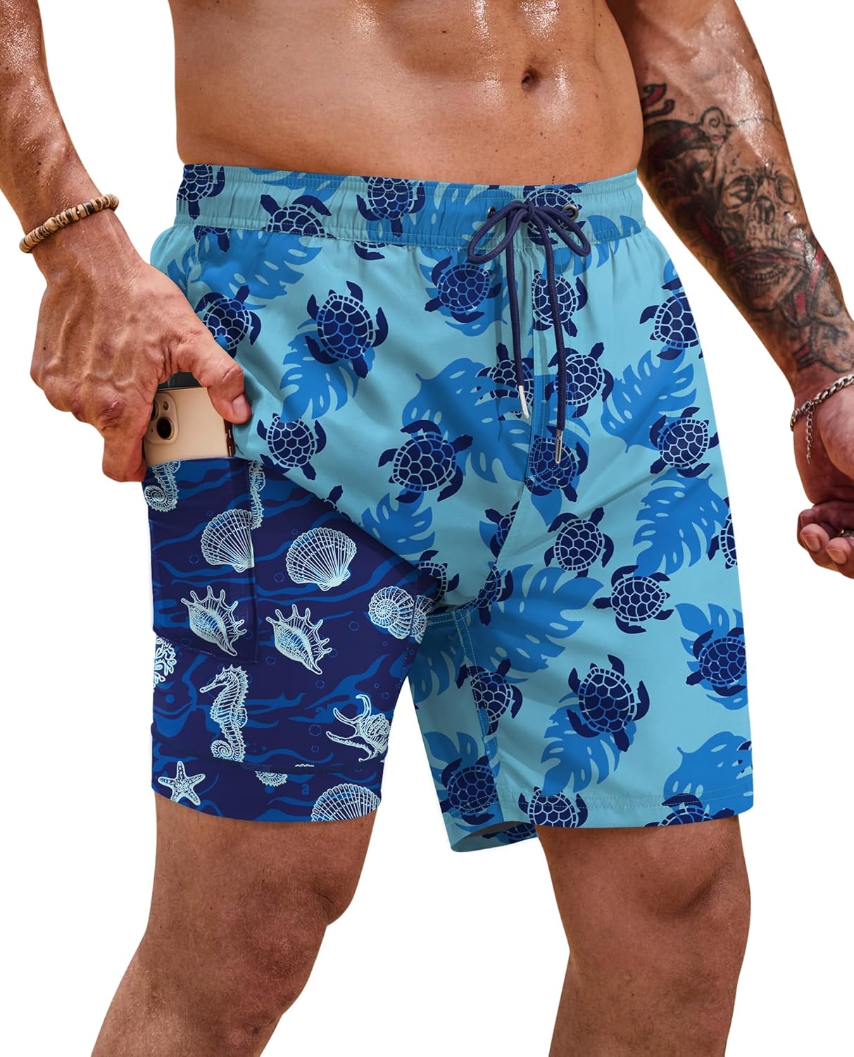 Men Swim Trunks Quick Dry Graphic Compression Liner 6'' Inseam Beach Summer Board Shorts (S-XXL)
