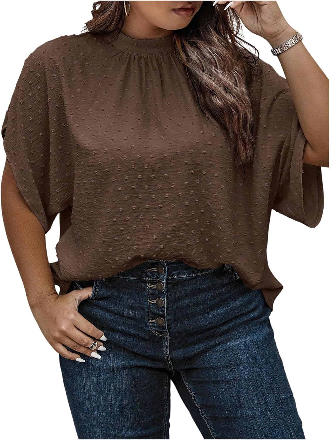 SOLY HUX Women's Plus Size Dressy Casual Shirts Swiss Dots Mock Neck Blouse Half Sleeve Tie Back Business Work Tops