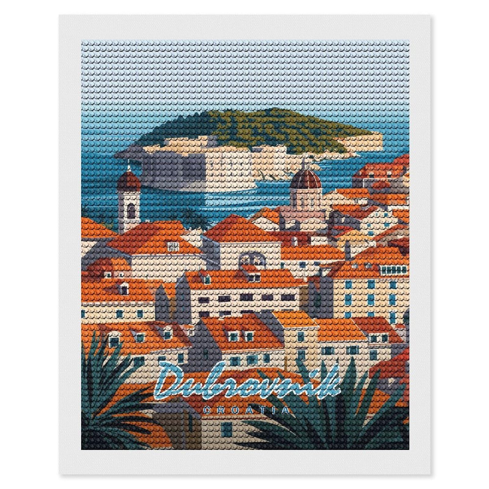 Junmoney Dubrovnik Cityscape DIY Diamond Art Canvas Kit 16"x20", Pleasing Wall Art Project, Easy Handmade Project, Living Room Decor