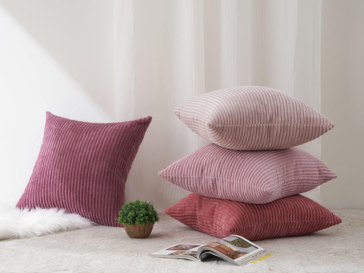 Topfinel Throw Pillow Cover 4pc Set - Multi Pink Combo - 26" x 26" Solid Cozy Corduroy Square Accent Decorative Cushion Case for Couch Sofa Chair Bed & Home, Only Covers