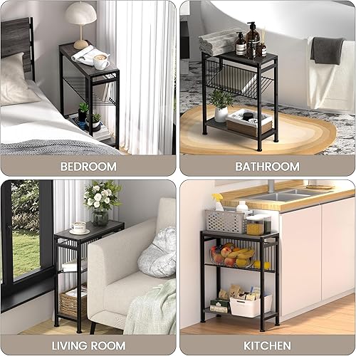 Miniatura 6 de Mesa auxiliar para espacio pequeño, mesa auxiliar estrecha de 3 niveles con soporte para revistas, mesita de noche delgada, mesa de sofá delgada