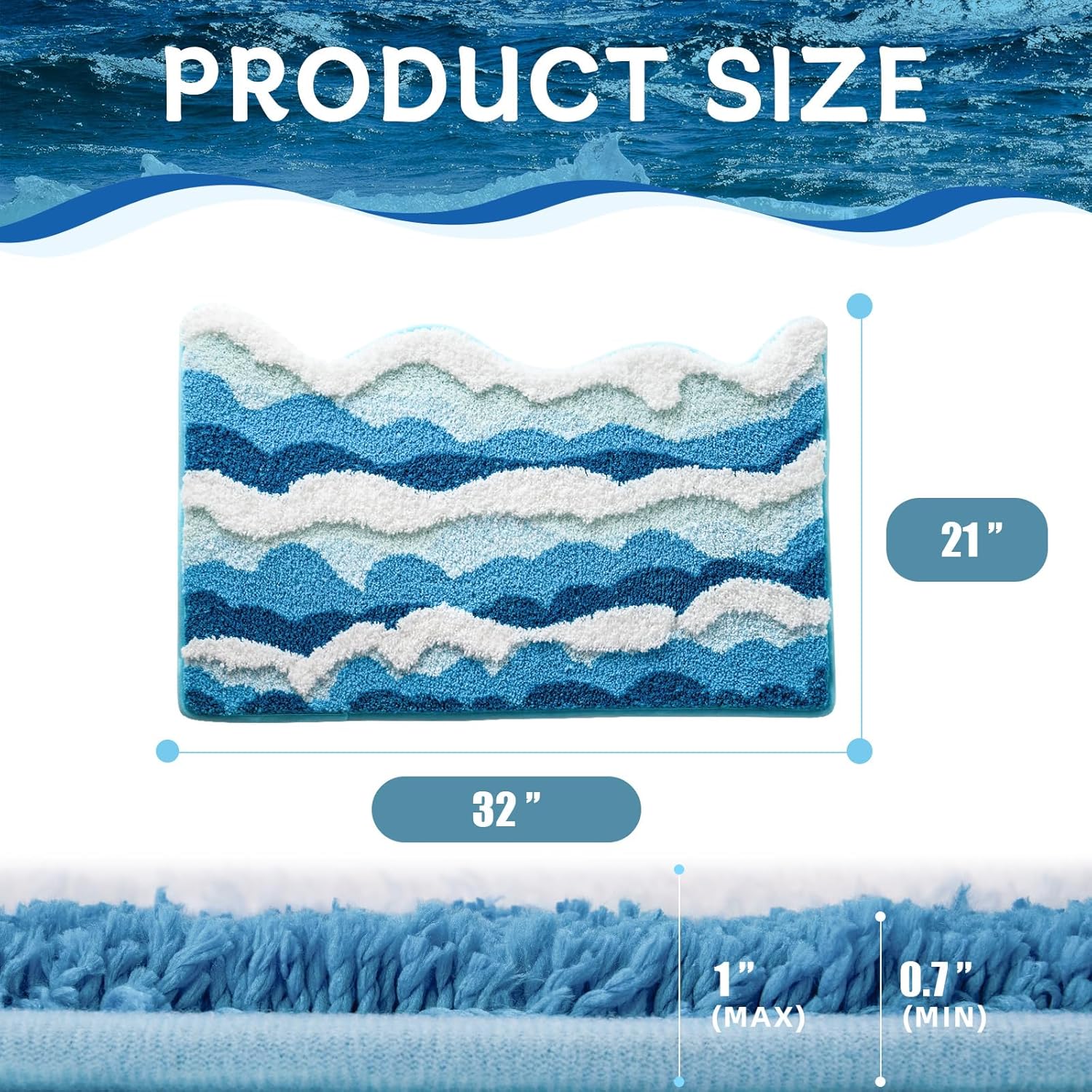 3D Ocean Wave Bathroom Rugs Blue 21x32 Inch, Soft and Absorbent Tufted Beach Bath Mat Non Slip Washable, Coastal Nautical Decor for Bathroom Bedroom