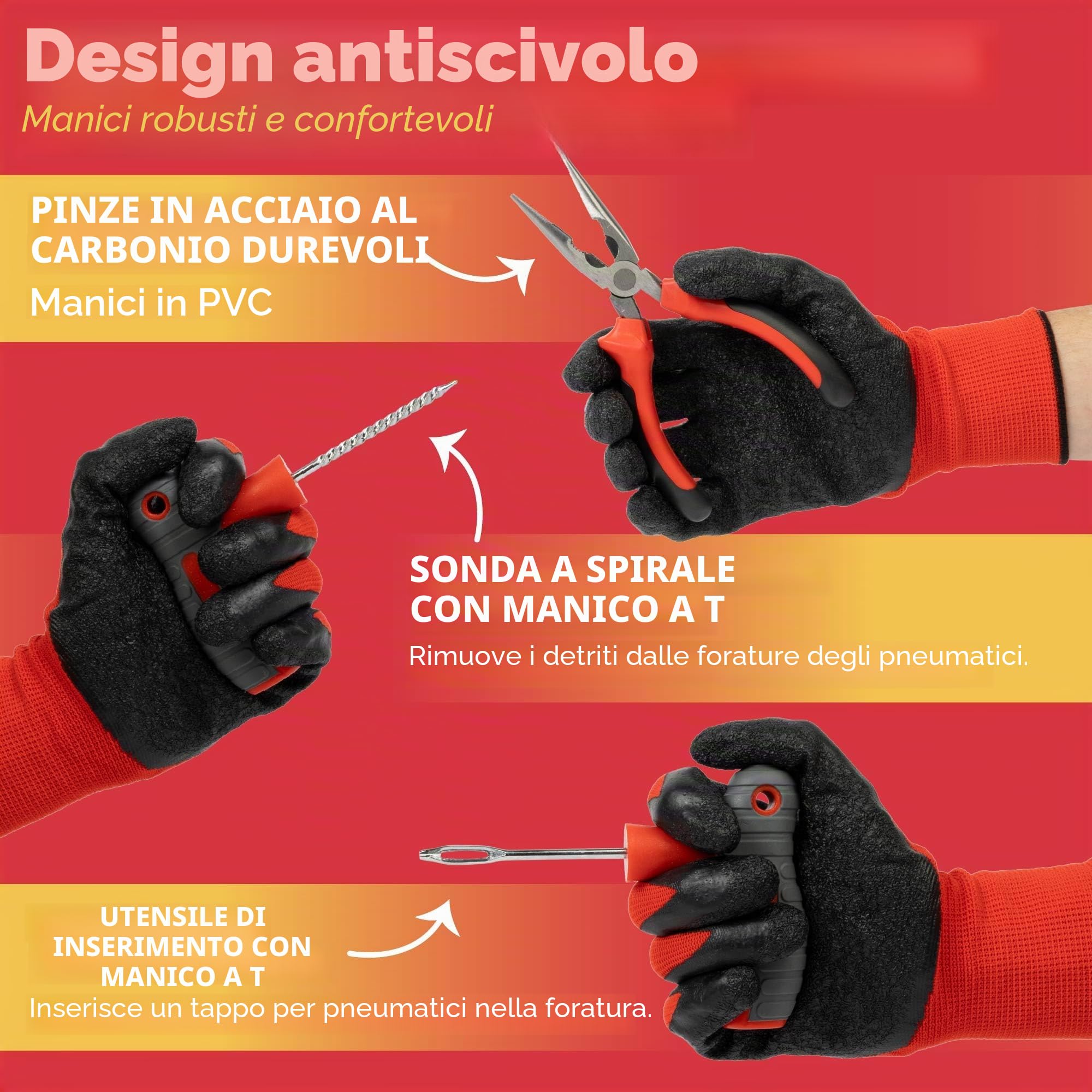 GADLANE Kit Premium di Riparazione Pneumatici Senza Tubo - Kit di Riparazione per Pneumatici Piatti da 7 Pezzi per Auto, Moto, Camion, ATV, Jeep, Trattore e Altro - Kit di Riparazione per Forature di