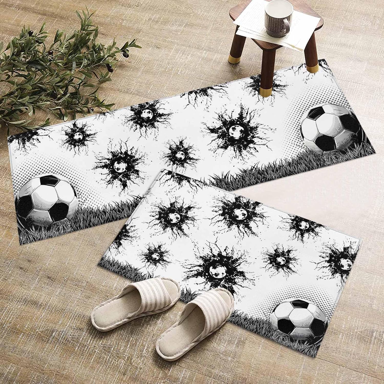 Kitchen Mats for Floor Black White Football Grassland Washable Non Slip Kitchen Rugs 2PCS, Monochrome Abstract Art Absorbent Standing Mats for Sink Bathroom Office Living Room 15.7x23.6in+15.7x47.2in