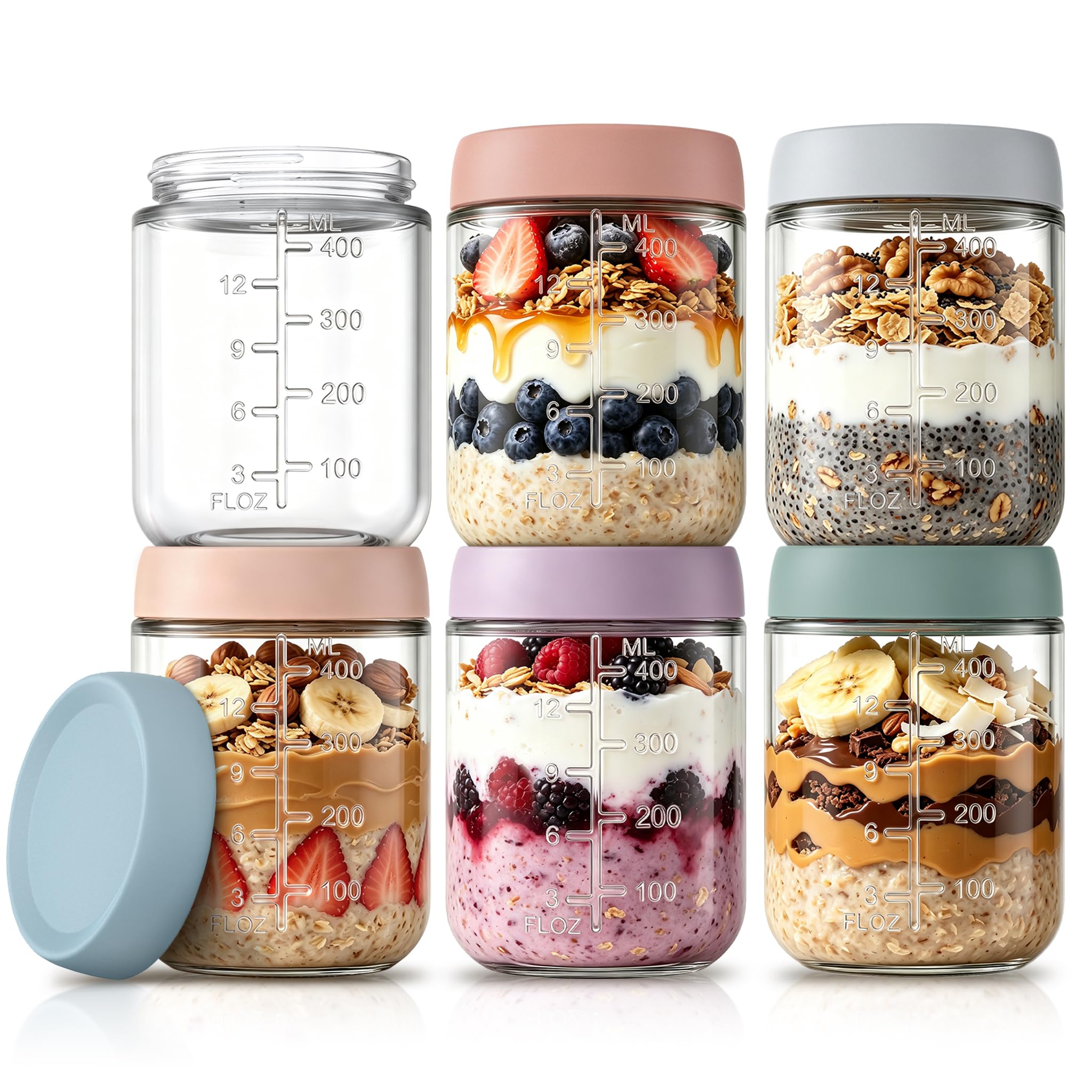 KEMORELA 6 Pack 16oz Overnight Oats Jars with Lids, Glass Jars